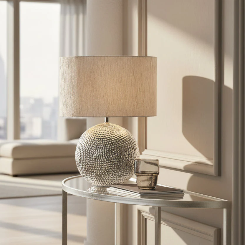 Metallic Silver Hammered Ceramic Table Lamp �C Oval Taffeta Shade (40cm)