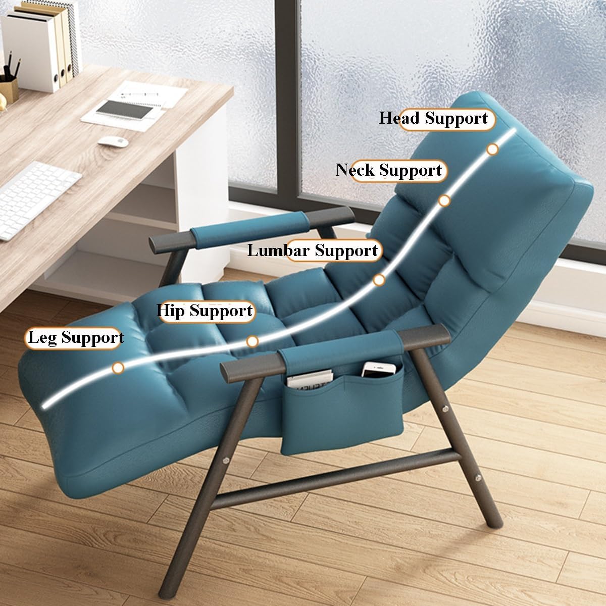 Sedia Con Morbido Cuscino Poltrone Relax Da Lettura Per Soggiorno Con Braccioli Moderna Poltrona Lounge Con Tasca Laterale Sedie Con Schienale Regolabile Per Camera Da Letto(Blauw,Black Legs)