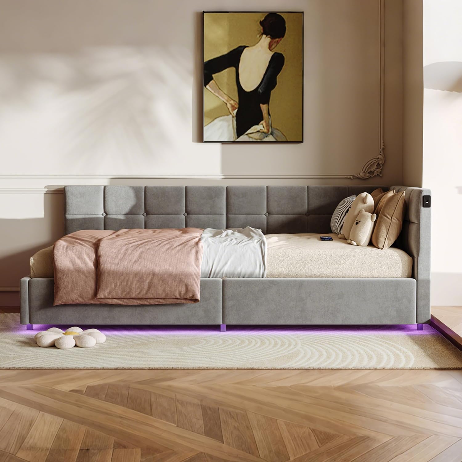 Einzelbett 90x200 mit Stauraum, Polsterbett mit LED/USB, Bettgestell mit Lattenrost und kopfteil, Bettrahmen für Jugendliche, Samt (Grau, 90 x 200 cm)