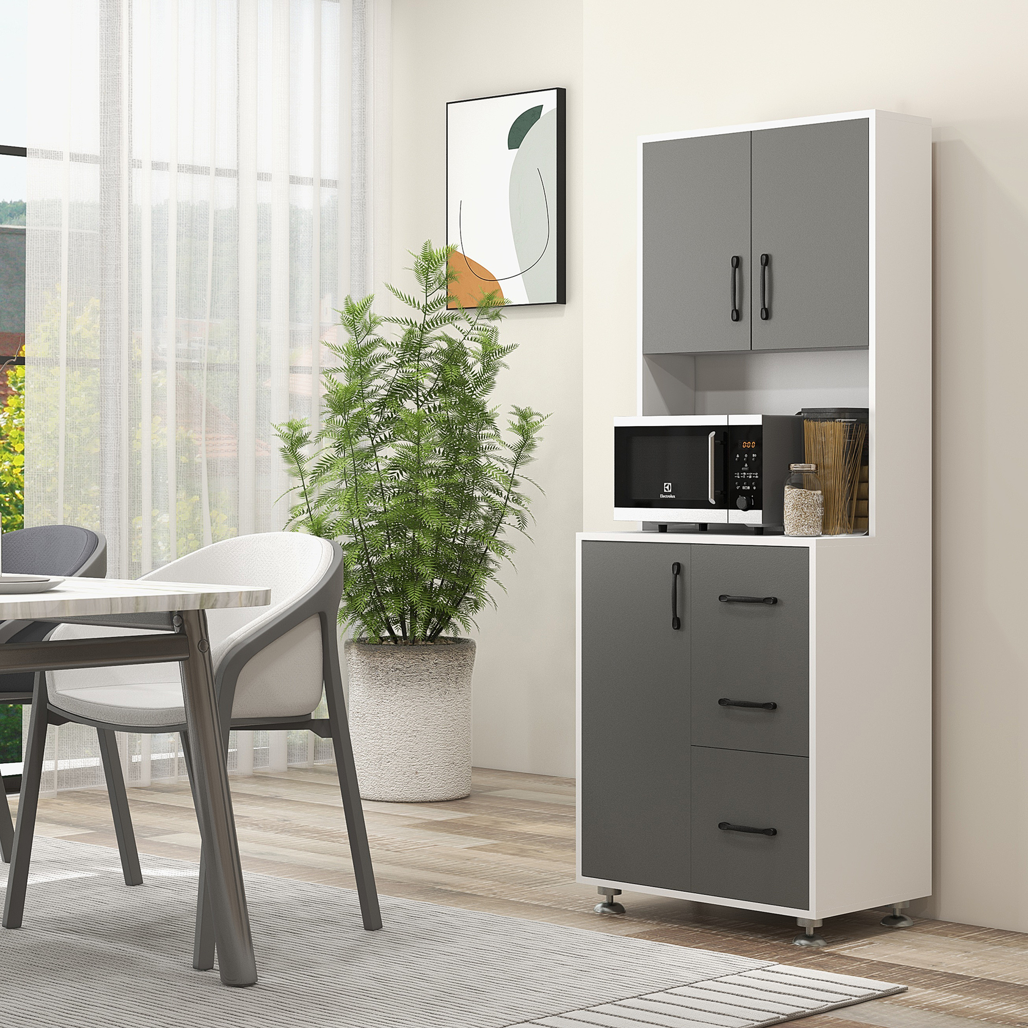 HOMCOM Küchenschrank Hochschrank mit 2 Türen Regal Mikrowellenregal Küchenbuffet mit unterem Aufbewahrungsschrank und 3 Schubladen Kommode Spanplatte Stahl Grau+Weiß 60 x 40 x 160 cm