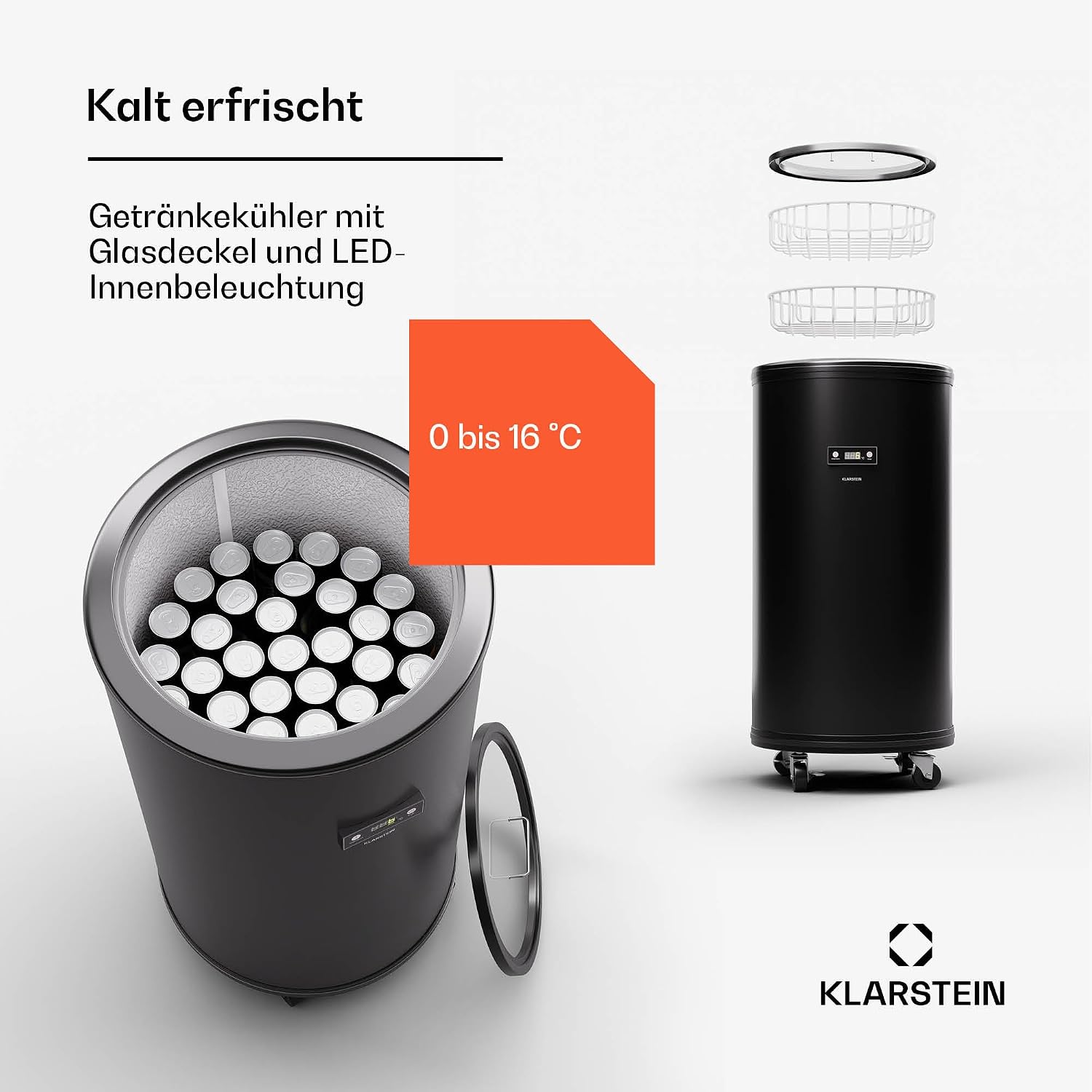 Klarstein Beersafe L Kühlschrank mit LED Display, Edelstahl-Kühlschrank für Zimmer, Indoor/Outdoor Getränkekühlschrank, Weinkühlschrank für Getränke, 75L Kühlschrank mit 360° Sicht, 0-16°C