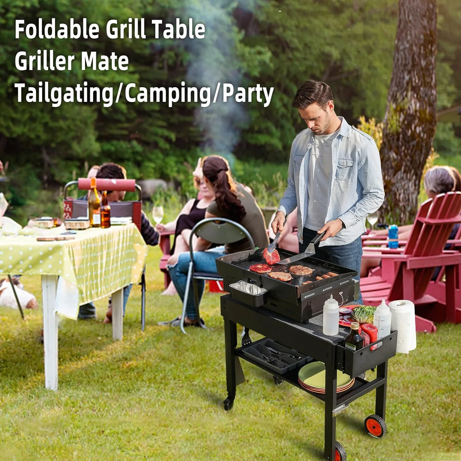 Adjustable 3 Shelf Indoor & Outdoor Grill Table | Portable Work Table with Stainless Steel Tabletop