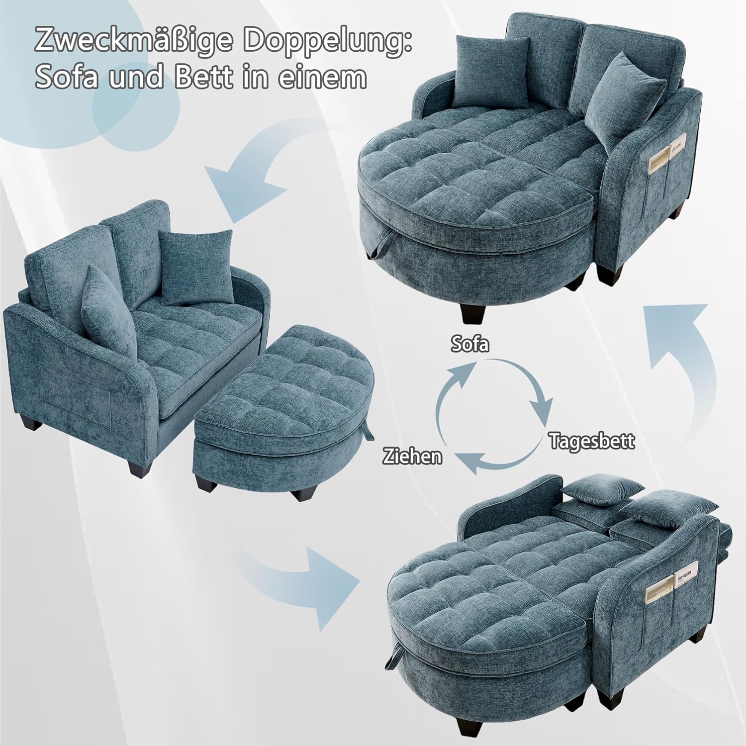 Sofa mit mit Aufbewahrungs-Hocker, Schlafsofa mit Verstellbarer Rückenlehne und Kissen, Klein Sofa, für kleine Wohnzimmer,Studienzimmer,Schlafzimmer,Blau