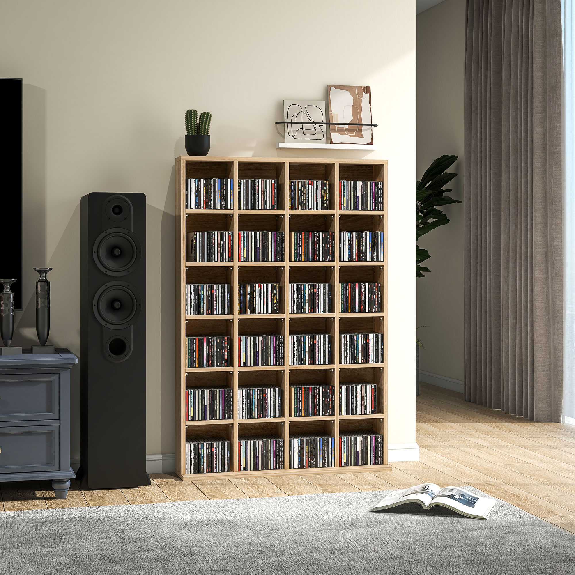 HOMCOM Multimedia-Regal 480 CD/312 DVDs - Holzbücherregal mit verstellbaren Regalen 89 x 130,5 cm Naturholz