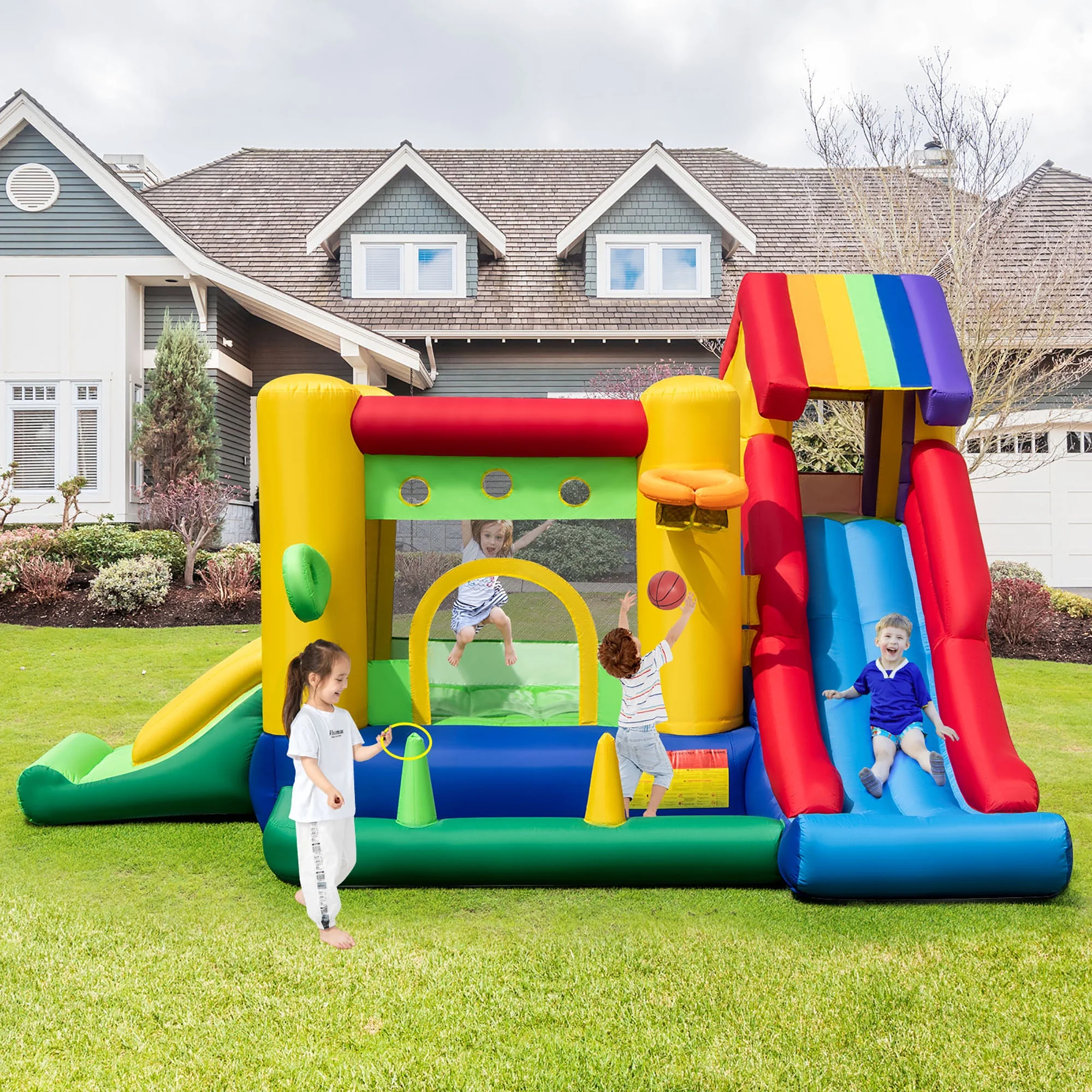 Costway Colorful Rainbow Kids Inflatable Bounce Castle with 50 Ocean Balls & 735W Blower