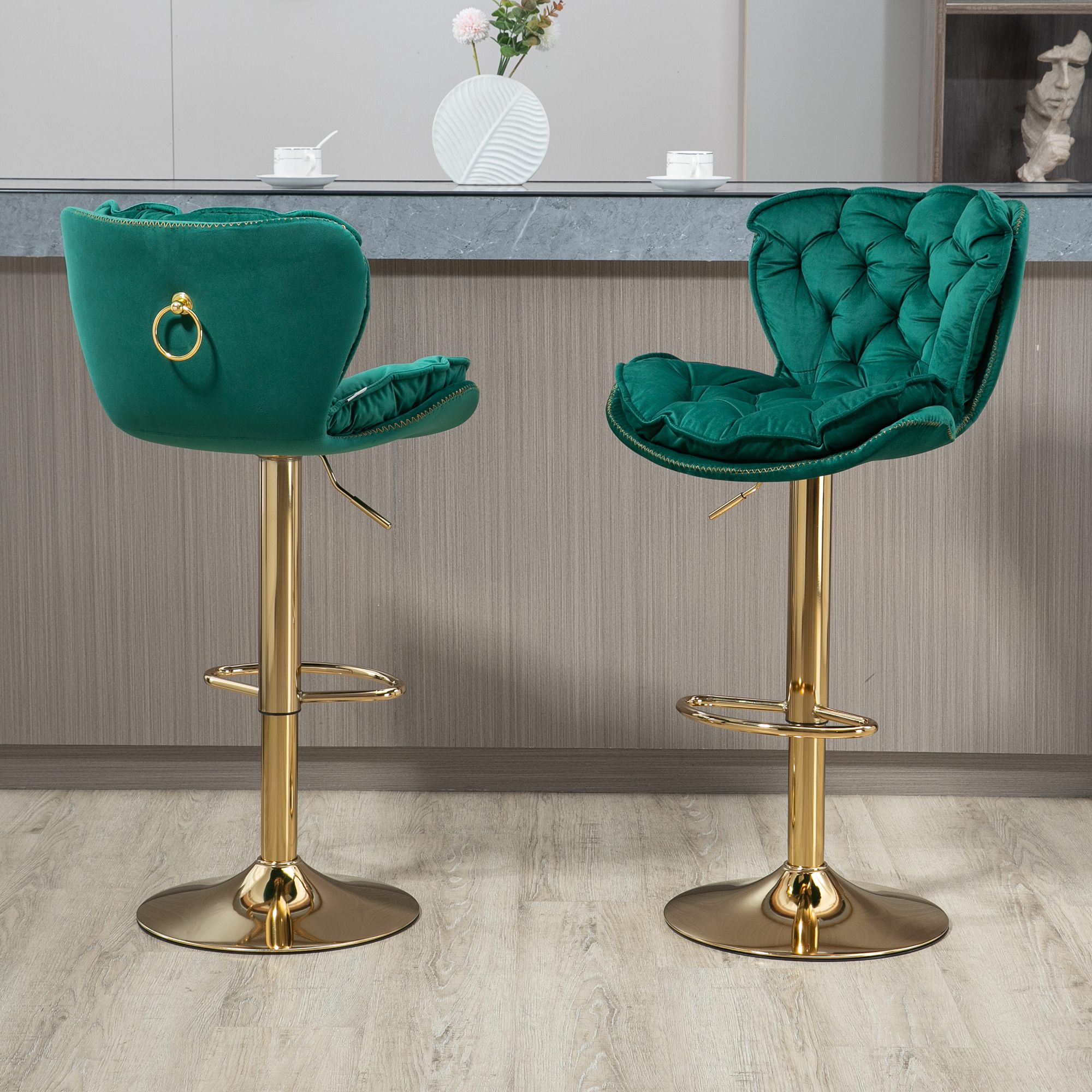 Barstuhl Höhenverstellbare, drehbare Barhocker mit Lehne und Fußstütze für Küche und Esszimmer, Metallstruktur und Holz, Smaragdgrün