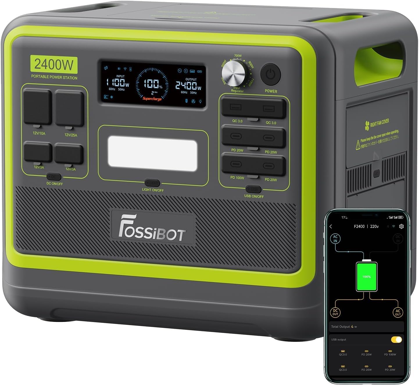 FOSSiBOT F2400 Generatore Elettrico Solare Portatile 2400W, 2048Wh LiFePO4 Batteria di Soccorso con 3 Uscite AC 2400W (4800W Pic), Gruppo Elettrogeno Solare per Campeggio Car