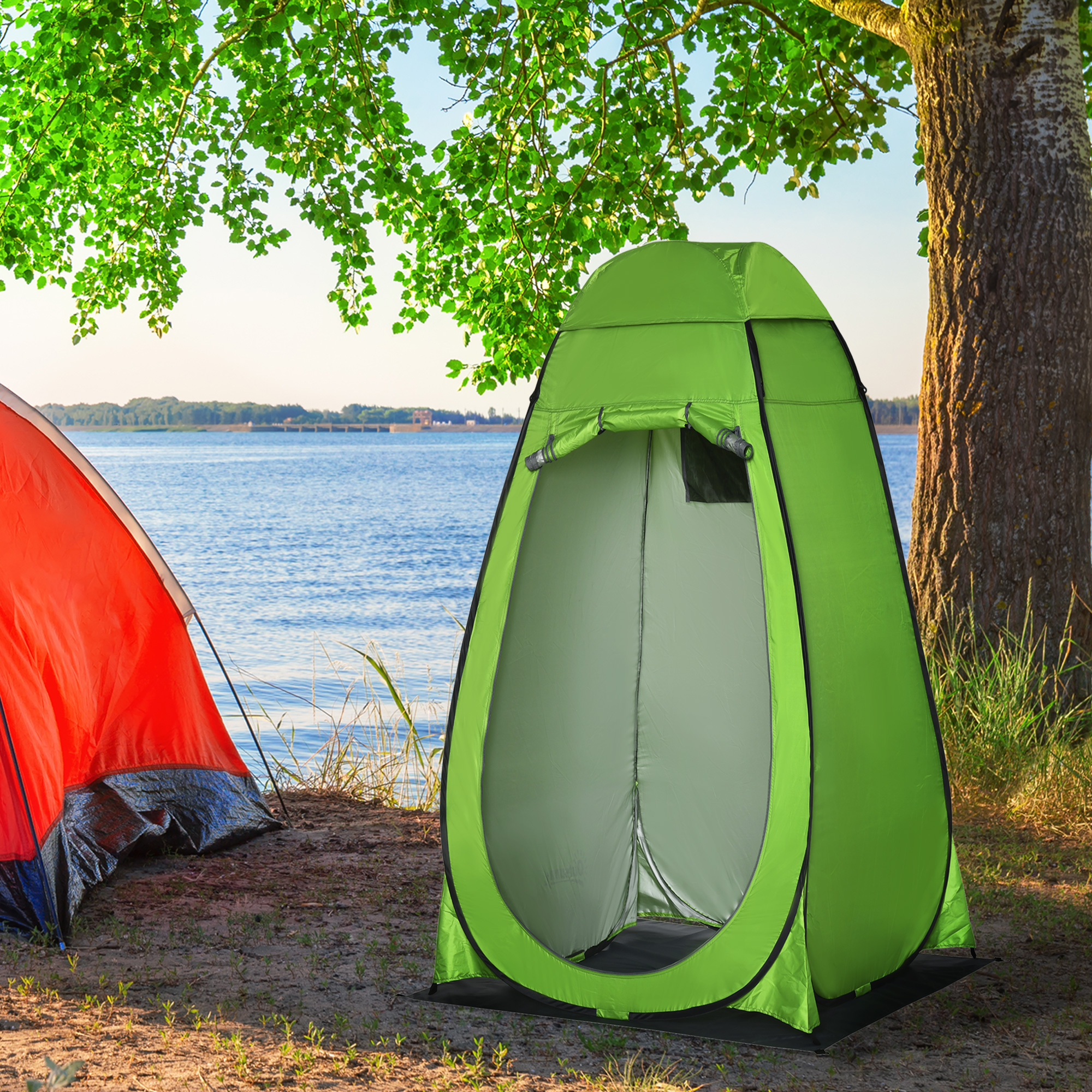 Outsunny Camping Duschzelt für den Außenbereich mit Reißverschlusstür, Tasche, Aufbewahrungstasche und Haken, 126x124x189 cm, Grün