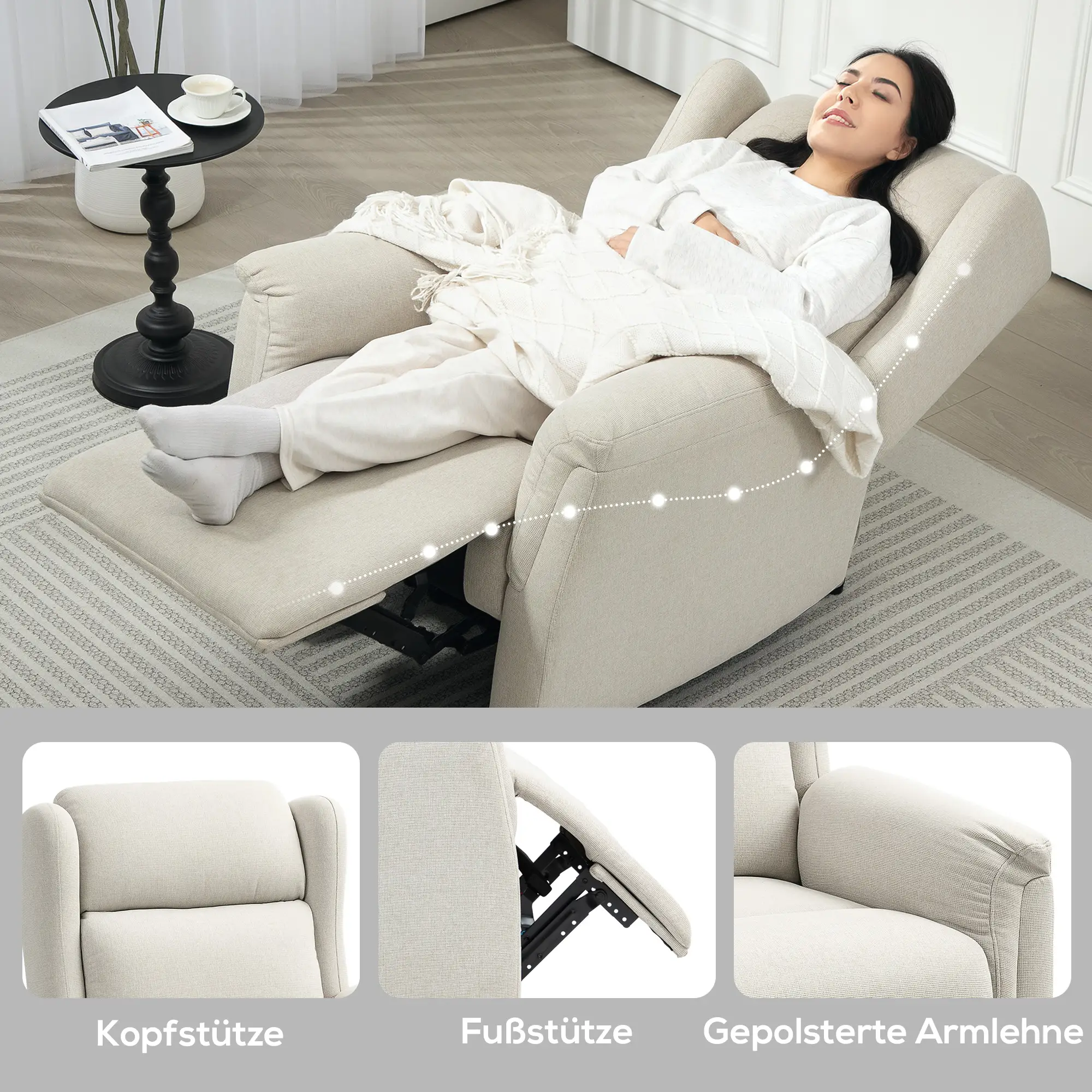 HOMCOM Relaxfauteuil Ligstoel 160�� verstelbaar Pocketvering Beige