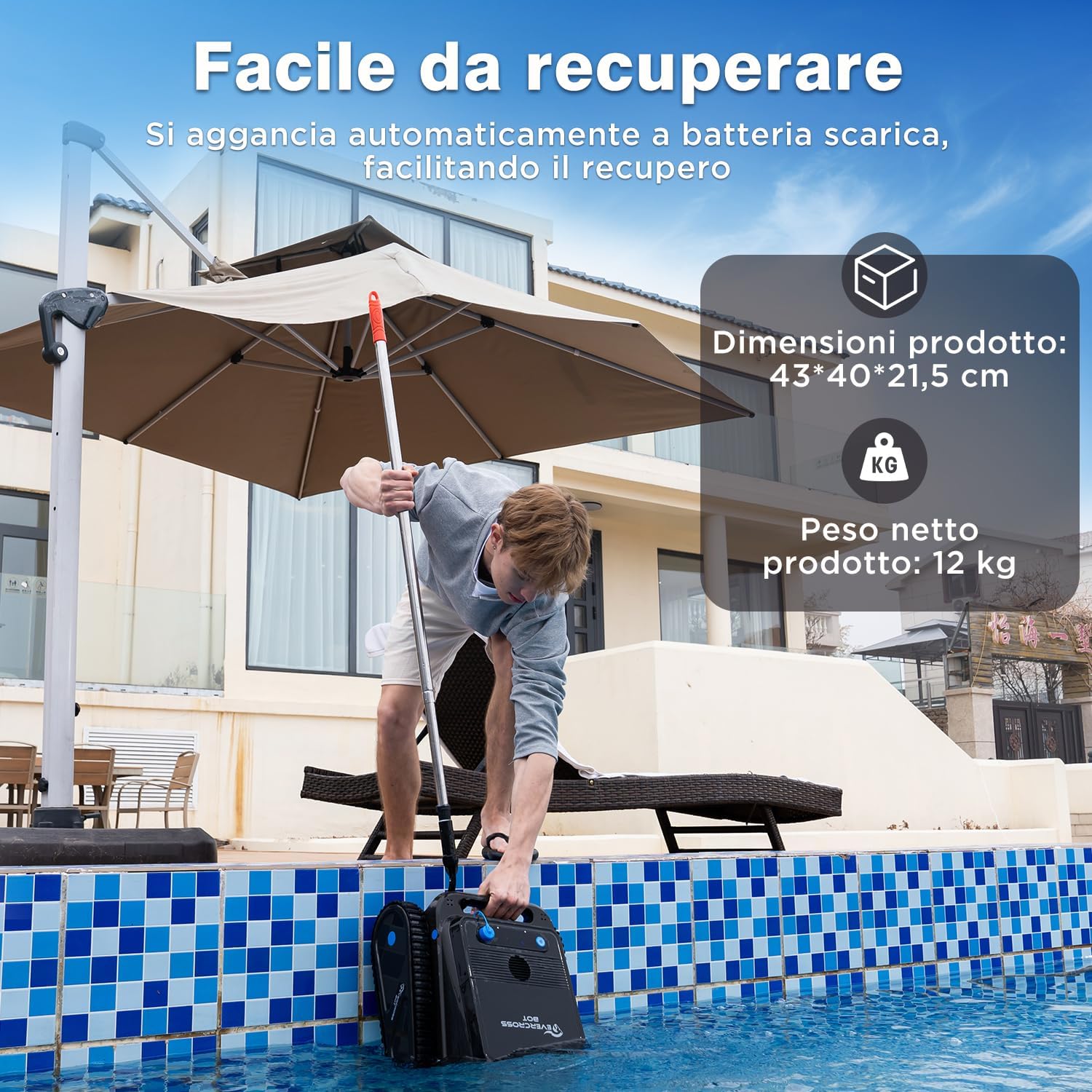 U8 Robot Piscina Senza Fili, Pulizia Fondo, Pareti e Linea Galleggiamento, 4 Modalità, 120 Min di Autonomia, Navigazione Intelligente, Parcheggio Automatico, Fino a 200㎡