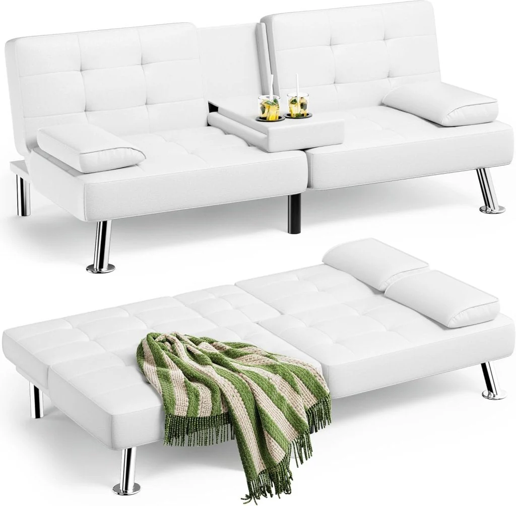 Homall Futon Sofa Bed, Leather Futon Couch with Removable Armrests, Adjustable Recliner Sleeper Sofa Bed with Dual Cup Holders for Living Room, Apartment