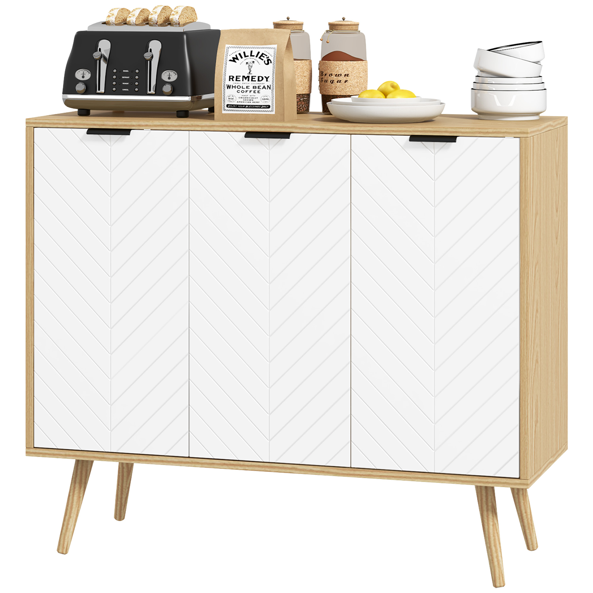 HOMCOM Niedrigschrank Aufbewahrungsmöbel 2 Schränke 3 Türen Chevron-Muster höhenverstellbare Regale 91,5 x 35 x 77,4 cm Naturholz