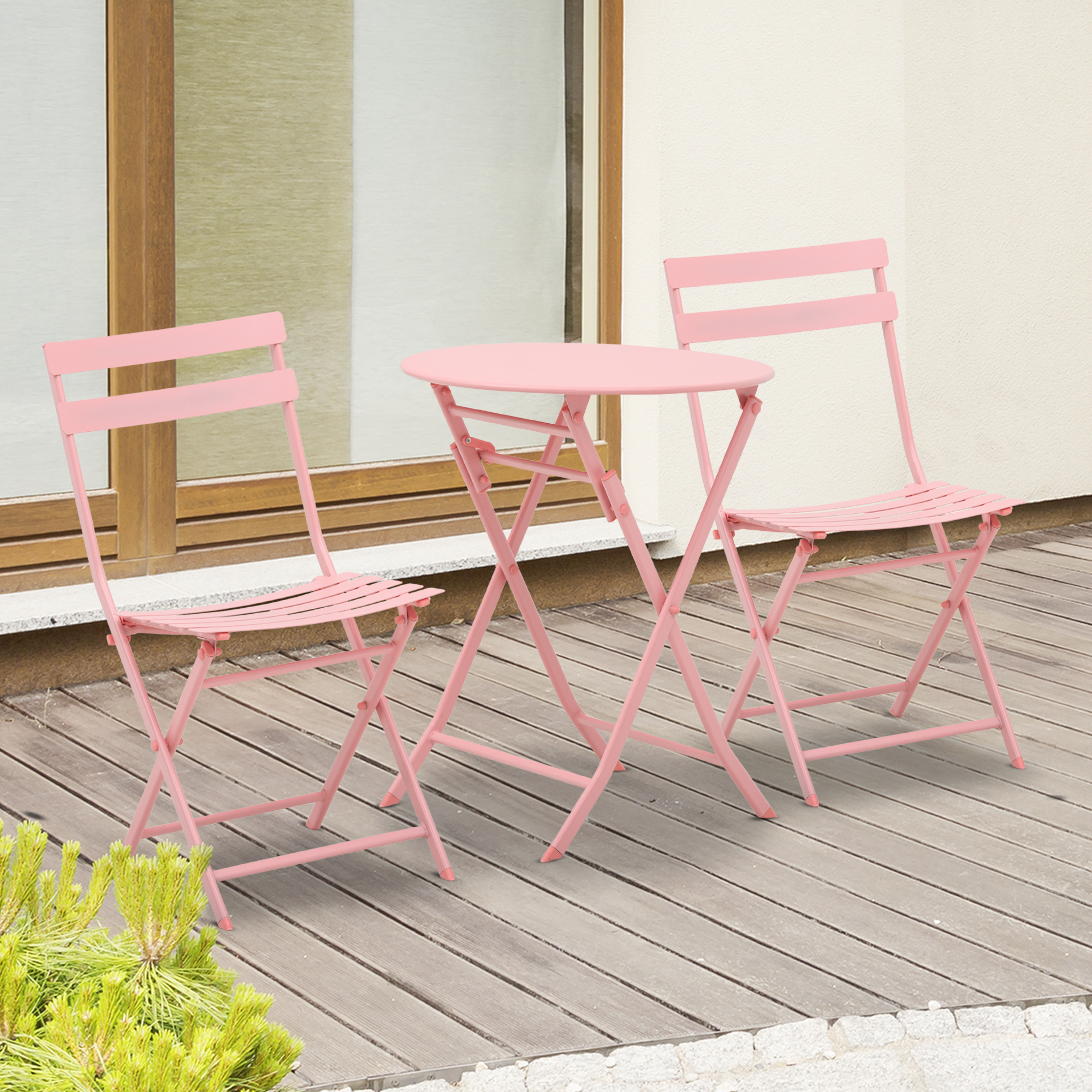 Outsunny Gartenset für 2 Personen Garnitur Balkonmöbel Set Bistrotisch mit 2 Stühlen  für Hof Garten klappbar Rosa