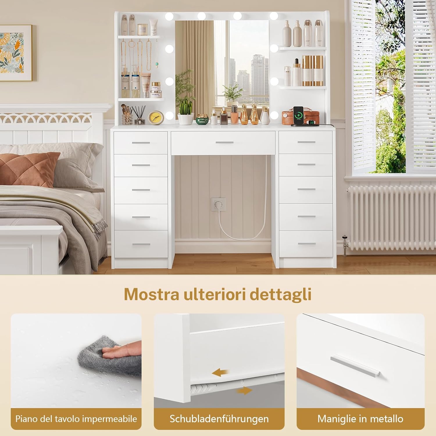 TEENFON Large Dressing Table with Mirror and LED Light, 3 Adjustable Colours, Makeup Desk with 11 Drawers, 4 Shelves and 5 Hooks, Modern Dresser, White