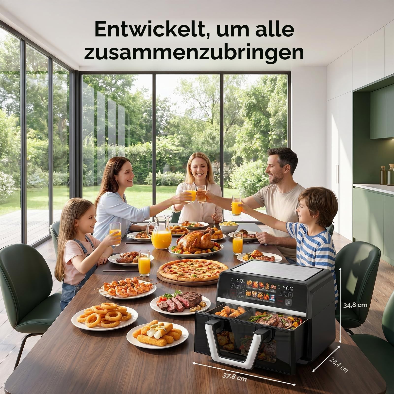 10-in-1 Heißluftfritteuse 10 L mit Dual-Zone, 2500 W, 360° Kochfenster, Farb-Touchscreen, spülmaschinenfeste Teile