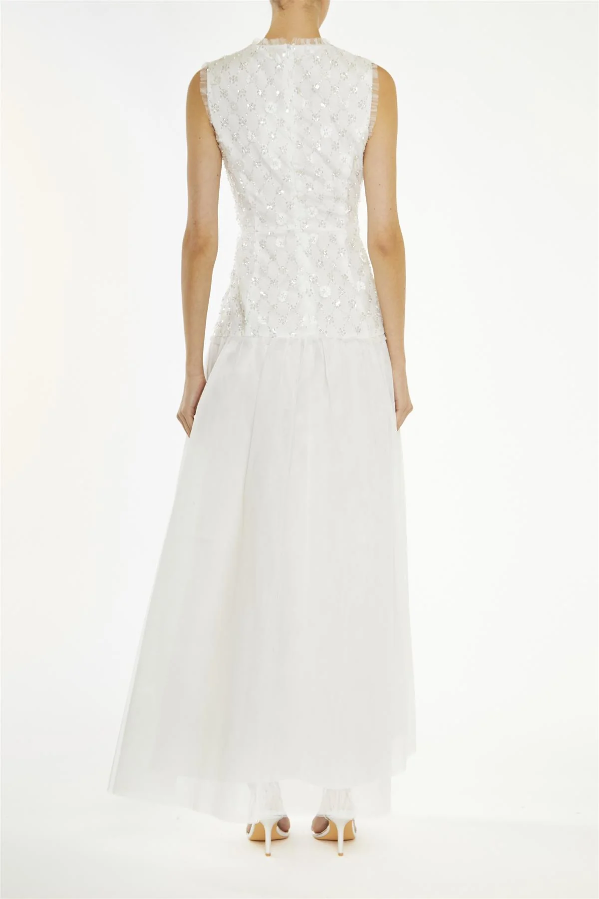 Ophelia White-Beaded Floral Dropped-Waist Maxi-Dress