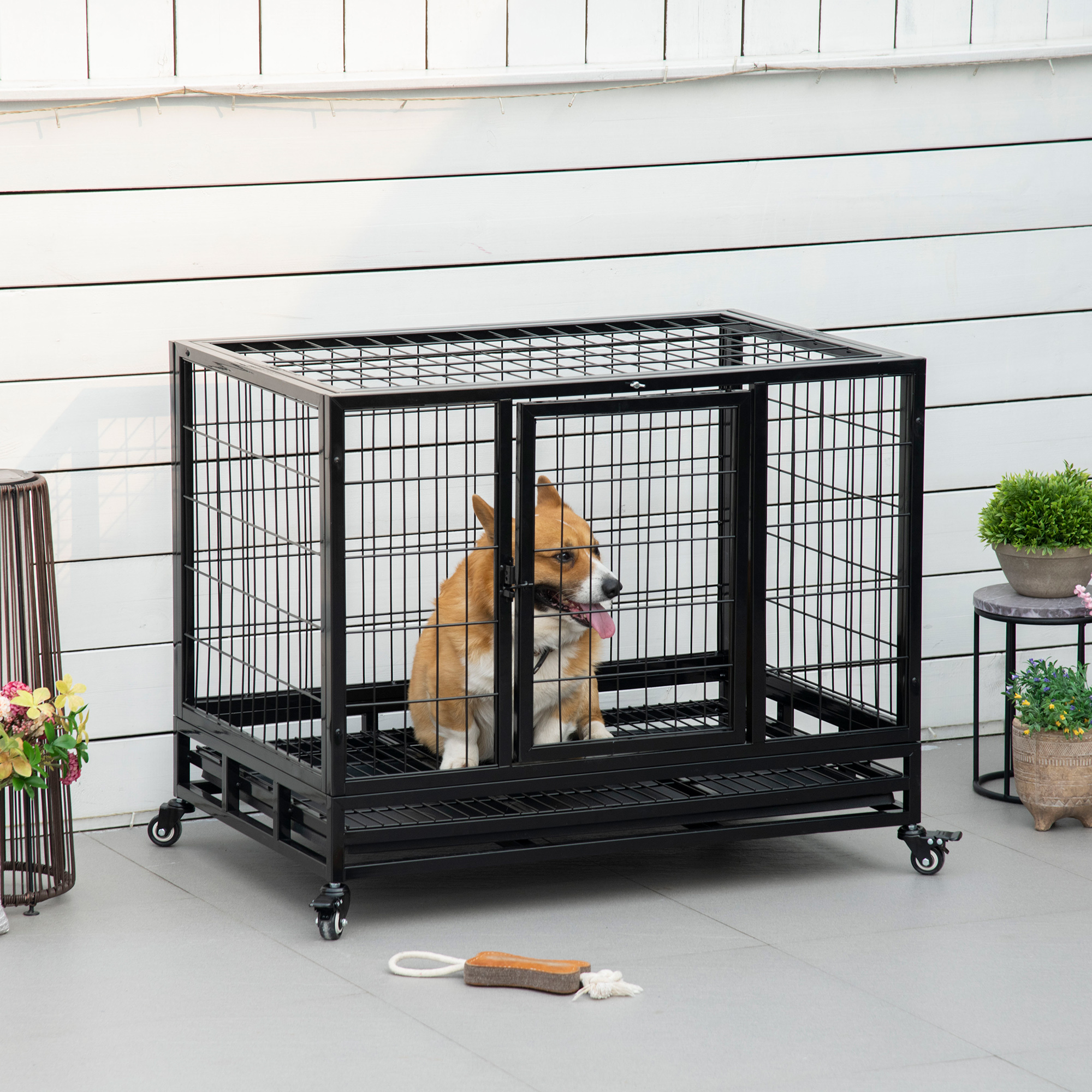 PawHut Käfig für Hunde Tierkäfig Transportkäfig auf Rädern 2 abschließbare Türen herausnehmbares Tablett 92 x 62 x 75 cm schwarz