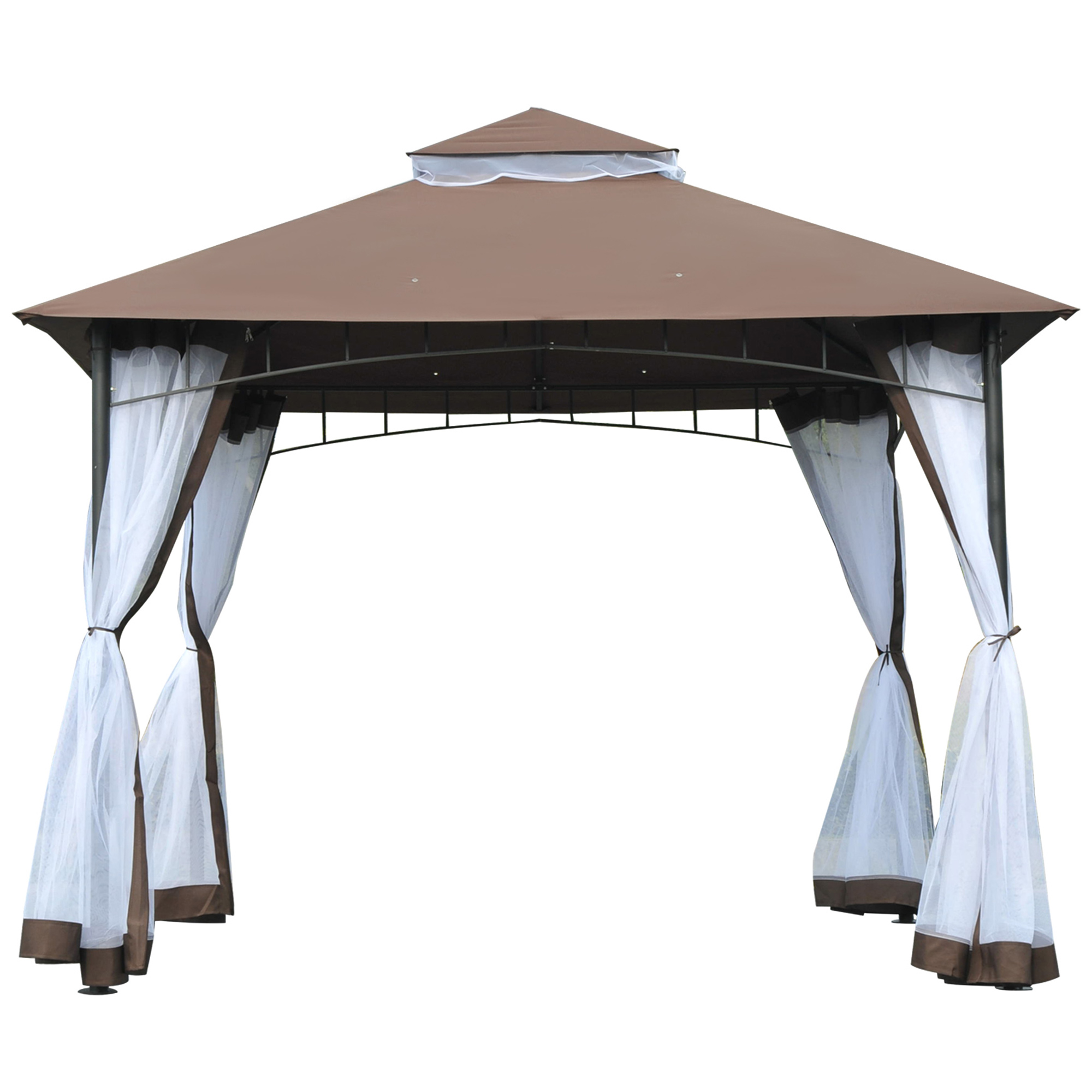 Outsunny Gartenpavillon Pavillon 3 x 3 Doppeldach mit abnehmbaren Moskitonetzen wasserdicht Braun und Weiß