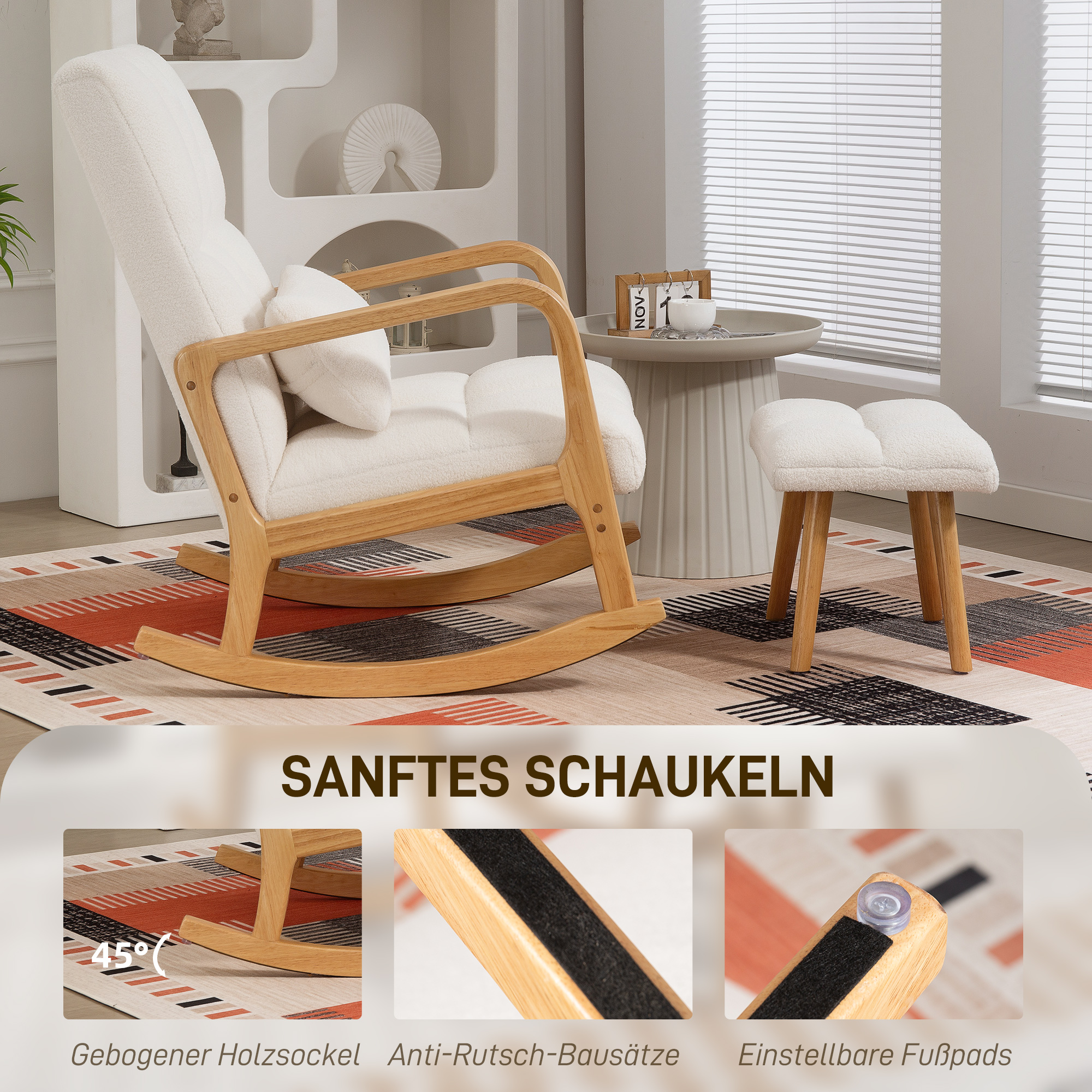 Schommelstoel met Voetensteun, Fleece-Bekleding, Hoge Rugleuning, Houten Poten, Voetpads, Wit