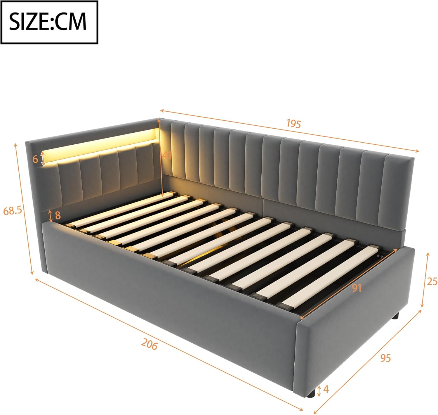 Divano Letto Imbottito 90x200, Letto Singolo con illuminazione a LED e Contenitore Idraulico, Testiere Laterali con Posizioni Intercambiabili, Rete a doghe, Tessuto in velluto, Grigio