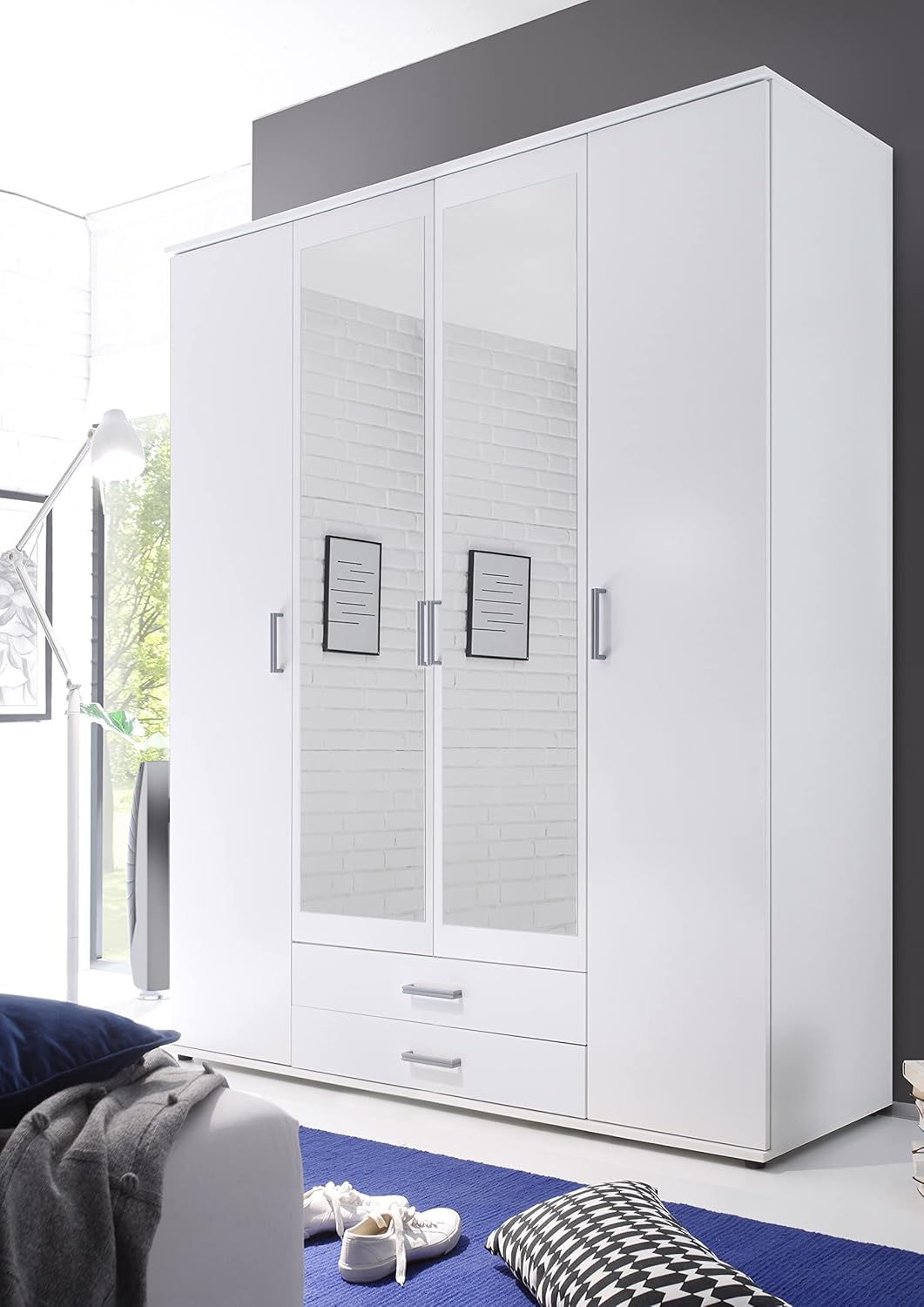 AVANTI TRENDSTORE - Kalle Laminated Wood Wardrobe with 4 Hinged Doors and 2 Drawers, Available in 2 Different Colours, Dimensions: LAP 160 x 196 x 54 cm (White)