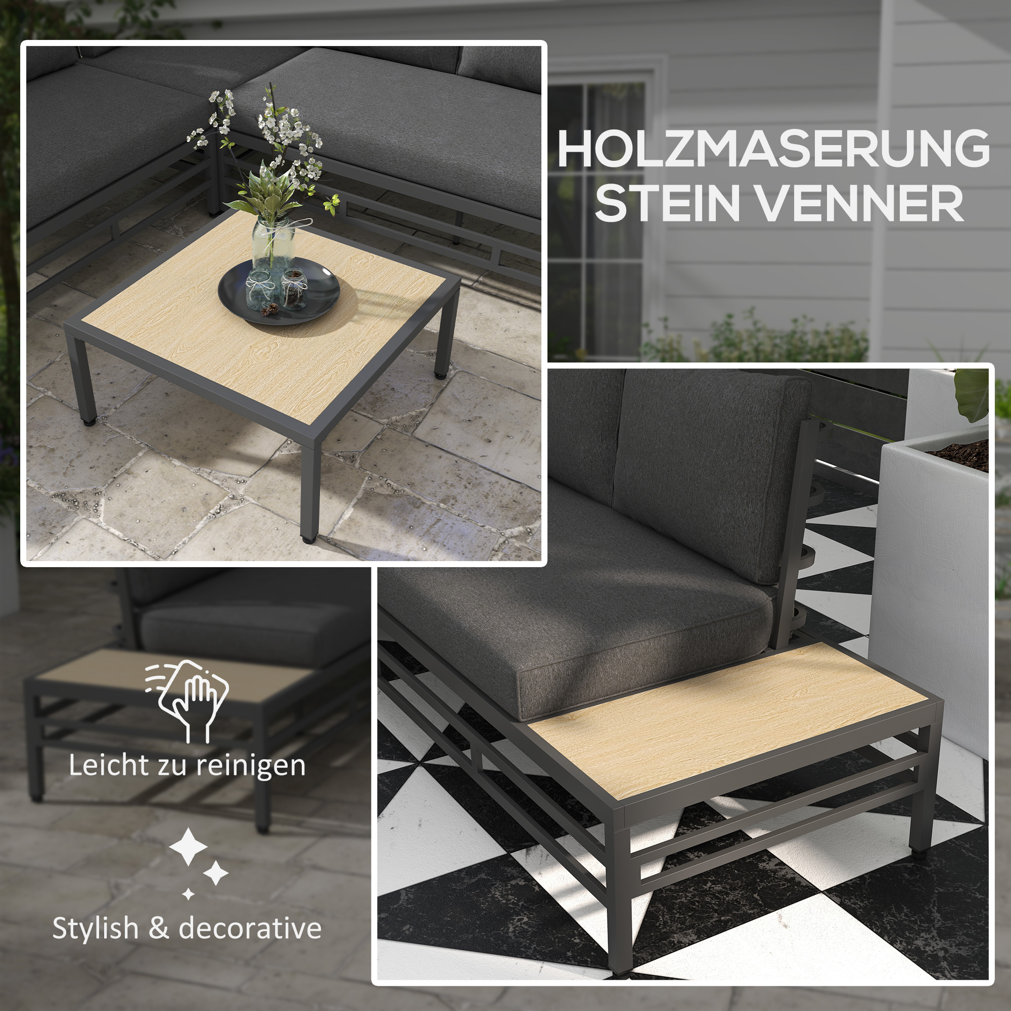 Tuinset Tuinmeubelset Lounge Set, 1 Salontafel, 2 Bijzettafels, 2 Banken, Donkergrijs + Lichtbruin + Zwart