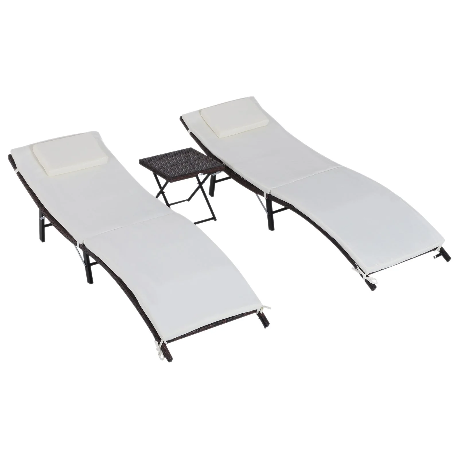Easycomfort Lettini Prendisole Richiudibili con Cuscini Rimovibili e Tavolino Pieghevole, Set 3 Pz in Rattan, Crema