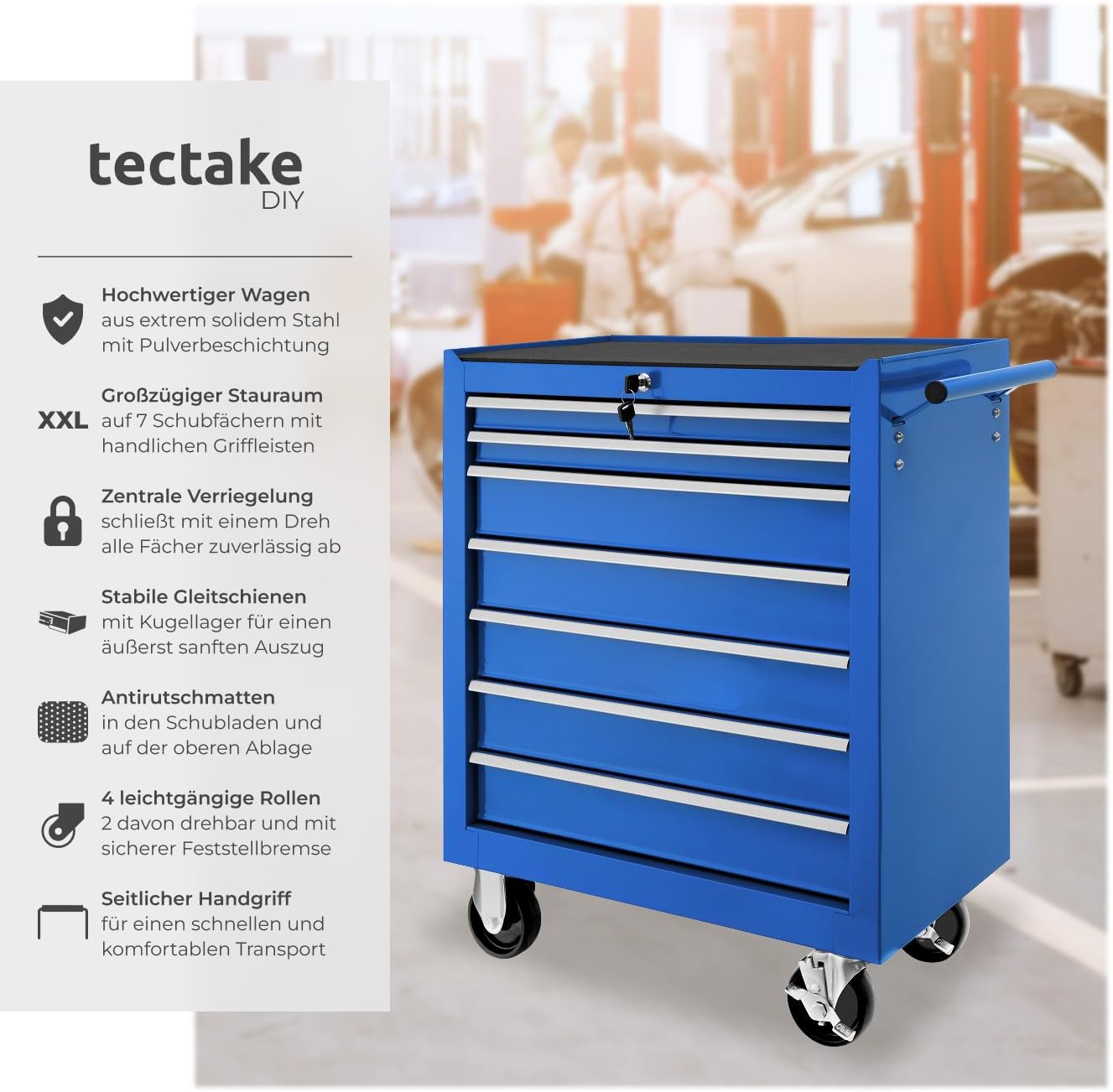 tectake Werkzeugwagen, Werkstattwagen, rollende Werkstatt, Werkzeugwagen leer, Werkzeugbox, 7 Schubfächer, 69 x 33 x 79 cm, Rollen mit Bremsen, inkl. 2 Schlüssel - blau