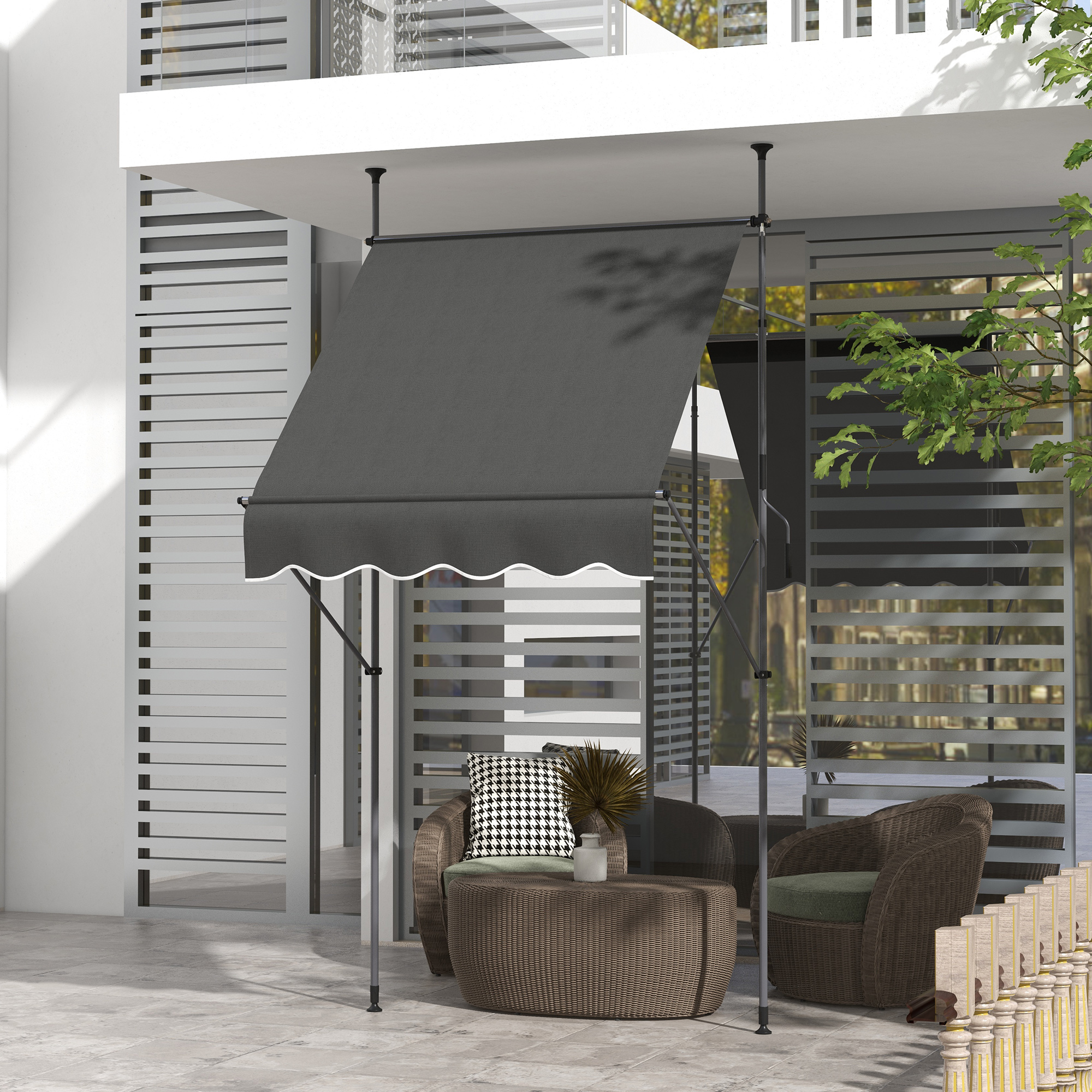 Outsunny Freistehende manuelle ausfahrbare Markise 1,5L x 1,2B x 2,1-3H m einstellbare Neigung Metall Alu Polyester Dunkelgrau