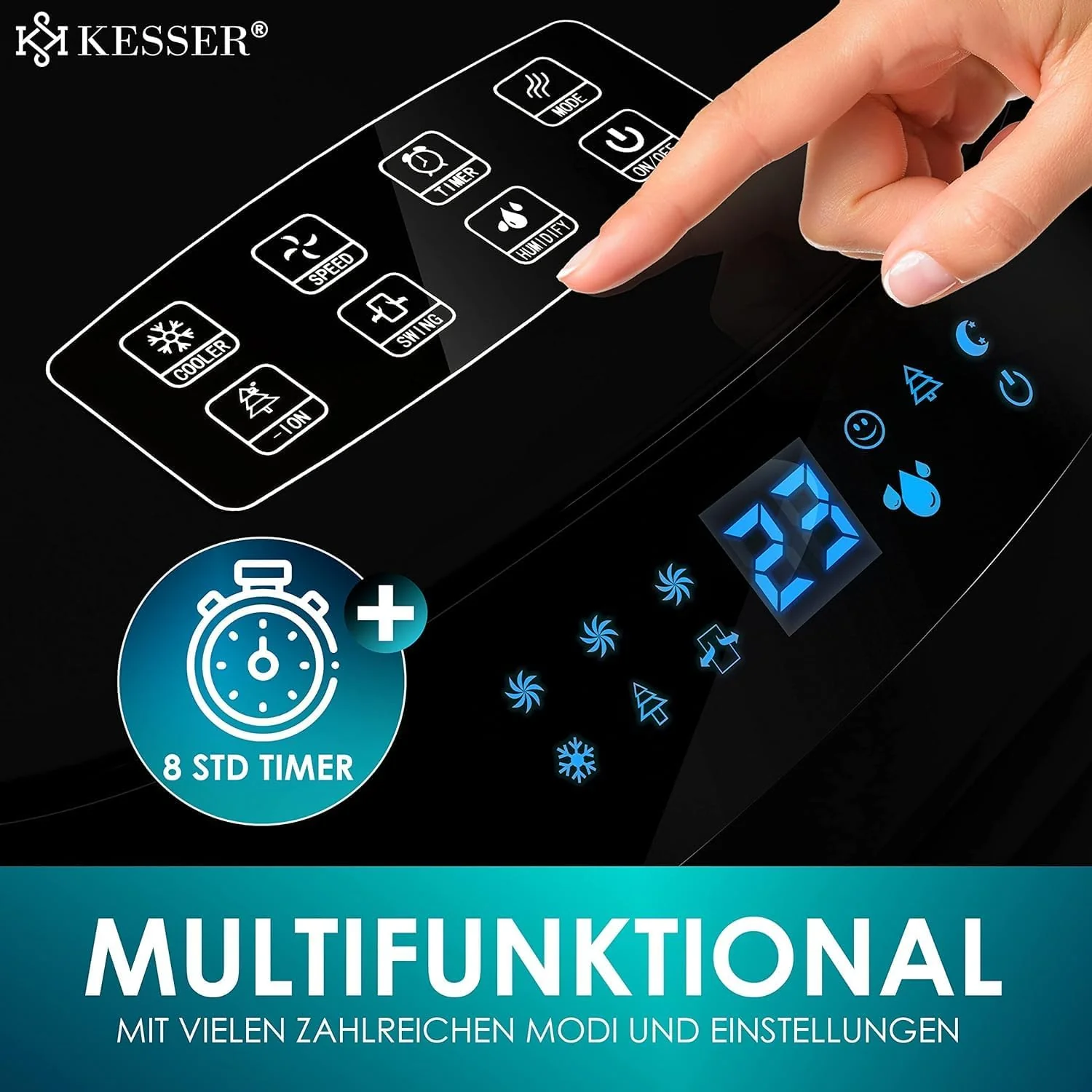 KESSER 4-in-1 Mobiele Airco | Afstandsbediening | Klimaatregelaar | Ventilator Airconditioning | Timer | 3 Niveaus | Ionisator Luchtbevochtiger | Luchtkoeler |