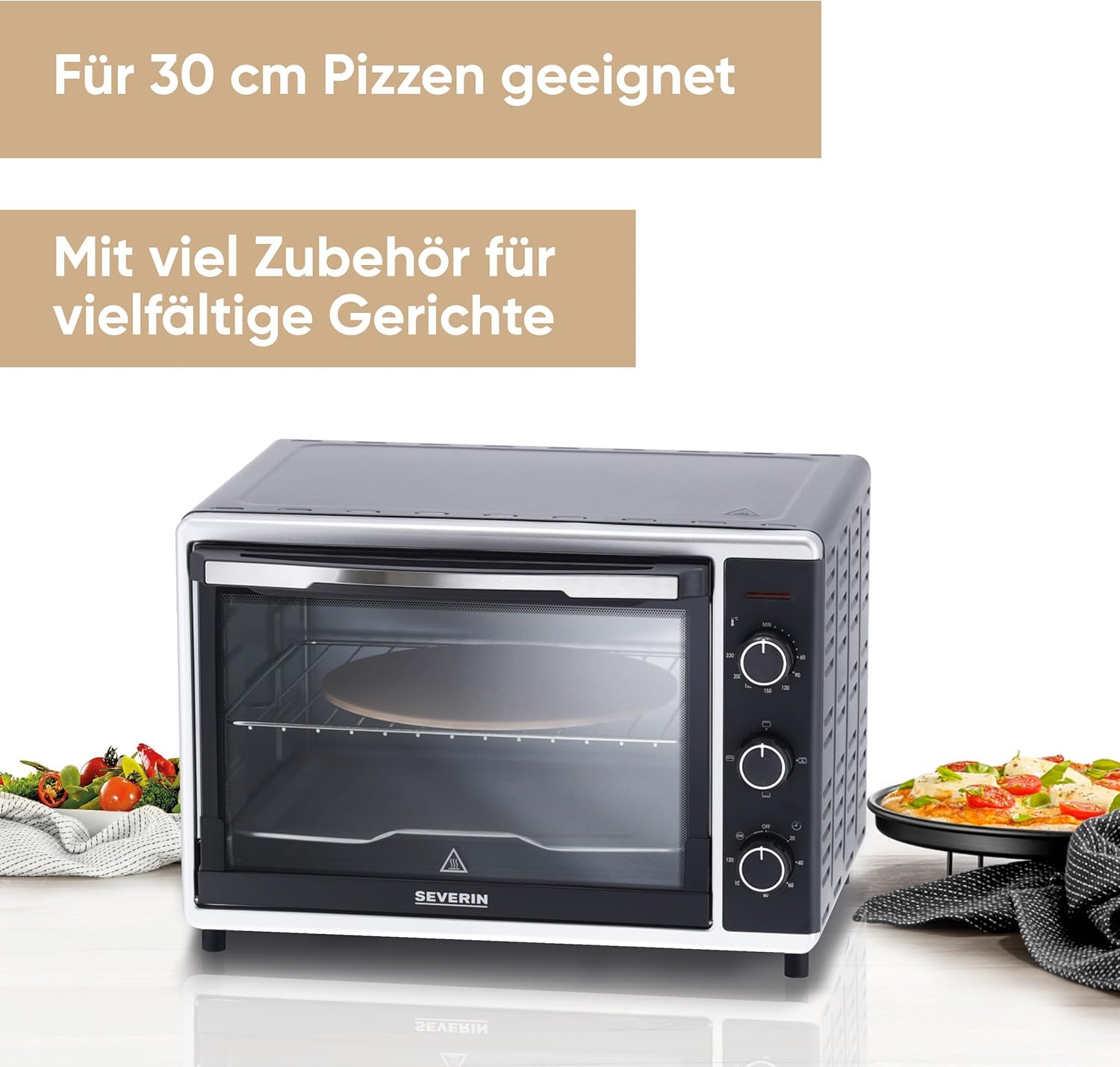 SEVERIN Back- und Toastofen mit Umluftfunktion, Mini Backofen mit Grillrost, Backblech, Drehspie und Pizzastein, vielseitiger Heiluftofen mit 42 L Kapazitt, 1.800 W, schwarz, TO 2058