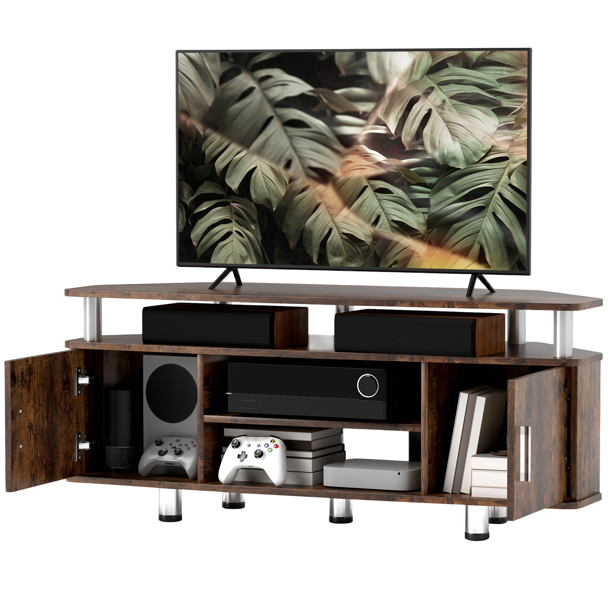 HOMCOM TV-Möbel für Fernseher bis zu 55 Zoll mit großem Regal, Schranktüren und offenem Fach, braun