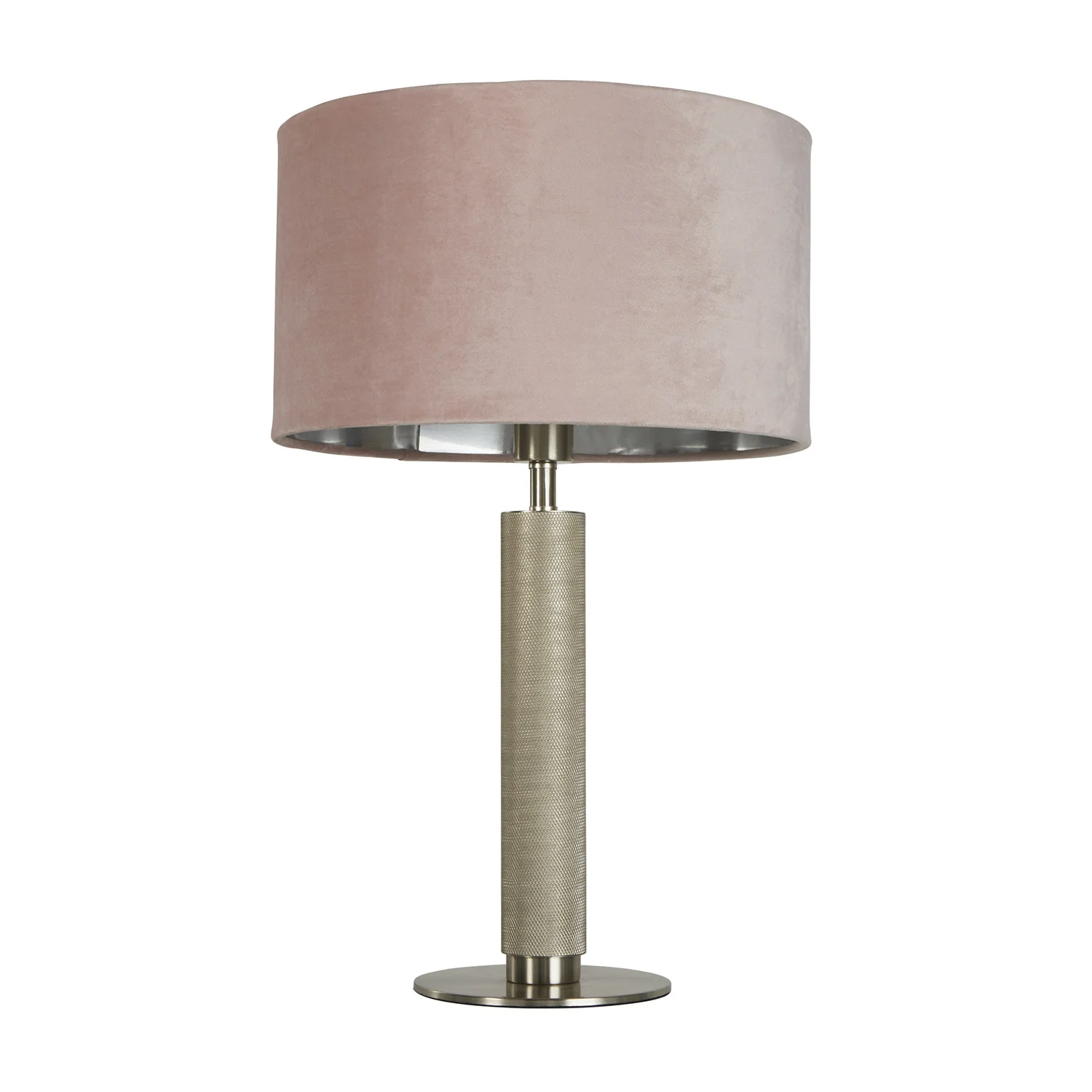 Lampada da Tavolo “London” – Paralume in Velluto Rosa, Base Argento Satinato Zigrinato, Stile Elegante