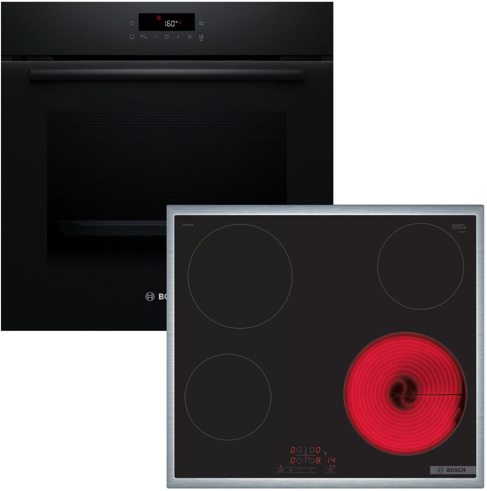 Backofen-Set 3D-Heißluft Pyrolyse + Elektrokochfeld 60cm Edelstahl Rahmen autark