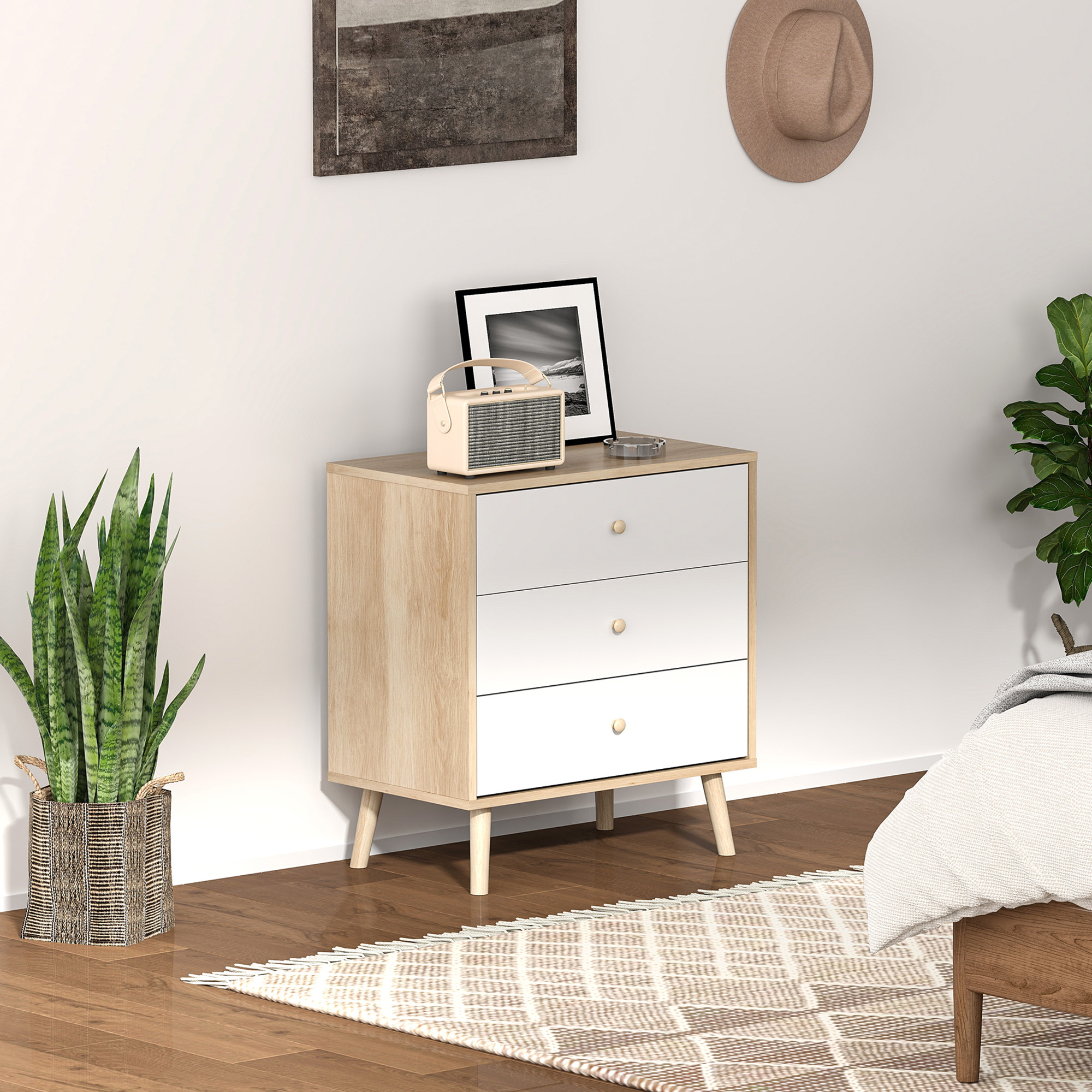 HOMCOM Kommode 3 Schubladen Aufbewahrungsmöbel modernes Design für Schlafzimmer, Wohnzimmer - 60 x 35 x 65 cm, Eiche