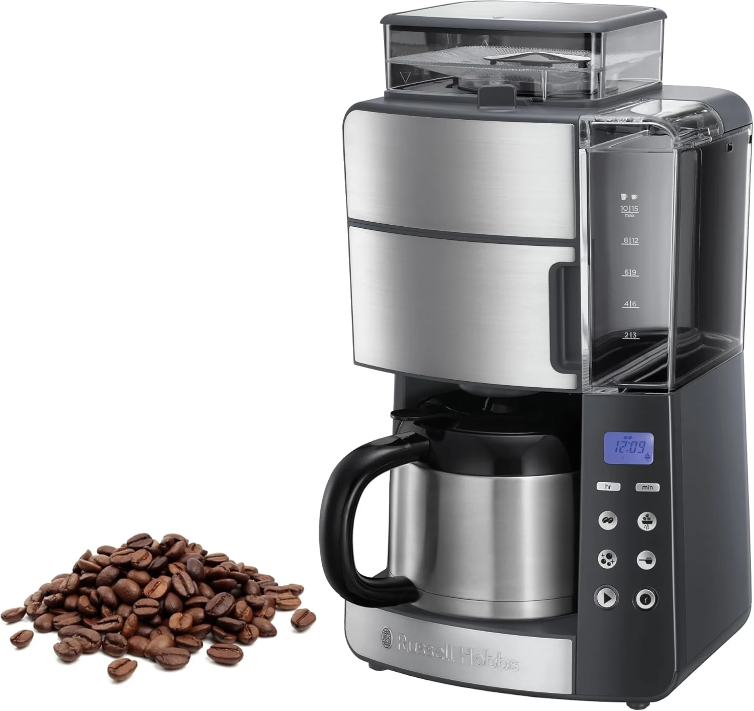 Russell Hobbs Kaffeemaschine mit Mahlwerk Thermokanne [Digitaler Timer, Brausekopf f��r opt. Extraktion & Aroma] Grind&Brew (max 10 Tassen, 3-stufige Mahlgradeinstellung) Filterkaffeemaschine 25620-56