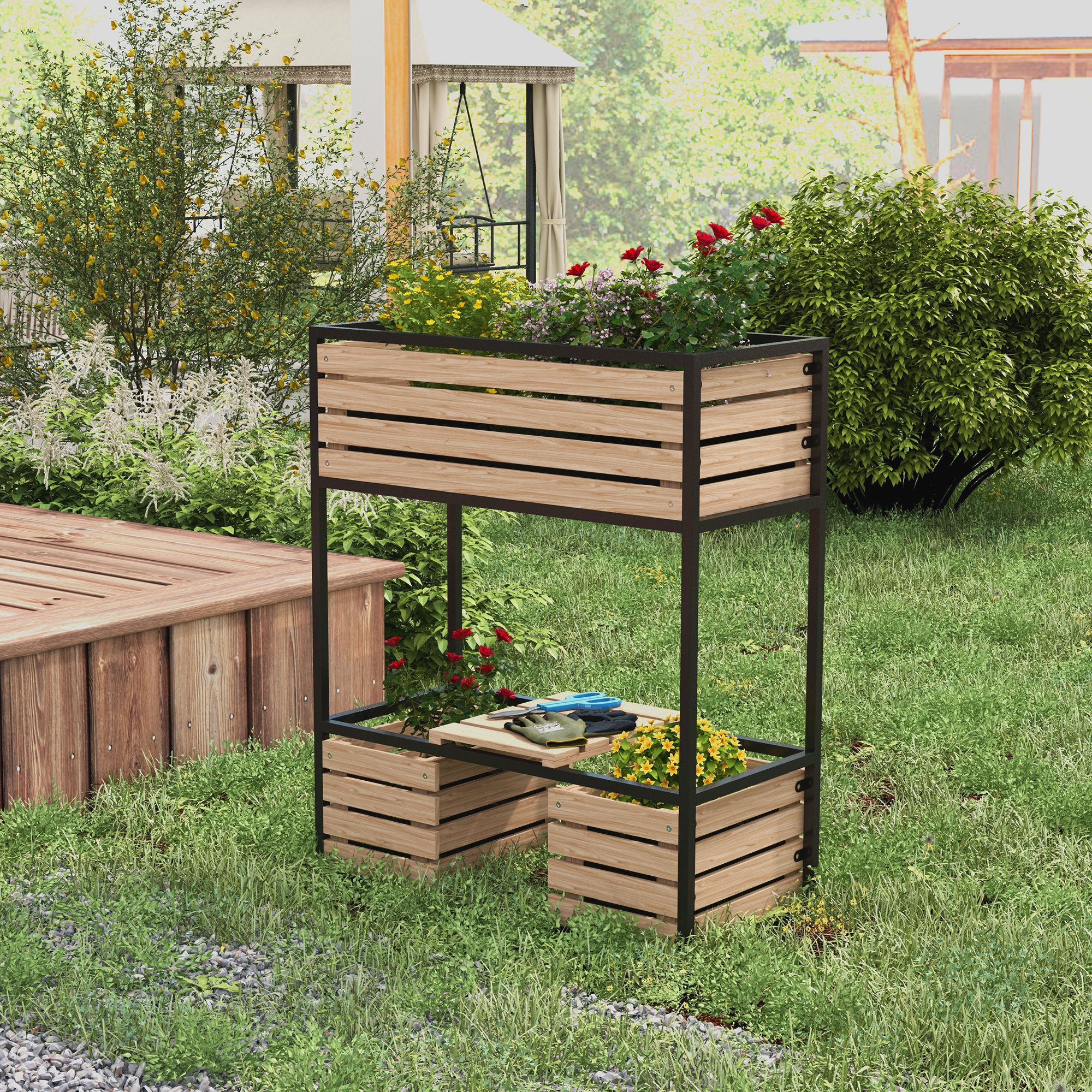 Outsunny Planzkasten Blumentreppe Hochbeet, weterbeständig, 3 Pflanzkästen, 83 cm x 39 cm x 100 cm, Natur + Schwarz