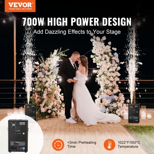 VEVOR Funkenmaschine 700 W Pyrotechnikmaschine Aluminiumlegierung DMX Controller Einstellbar 2–5m Cold Spark Machine 7 min pro Nachladen Ideal für Hochzeit, DJ Show, Partys