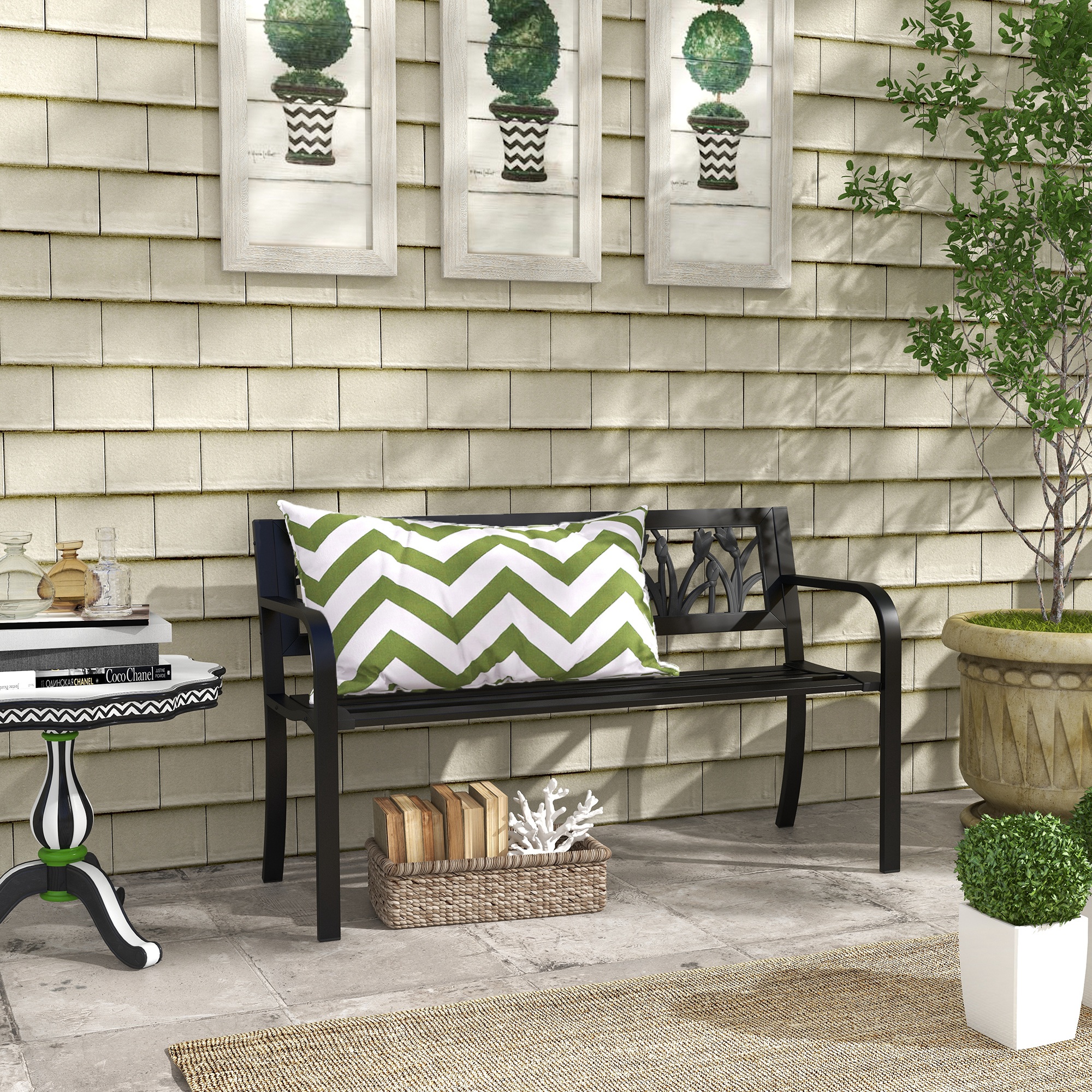 Outsunny 2-Sitzer Gartenbank aus Stahl mit verziertem Rücken- und Armlehnen, 125x50x75cm, Schwarz