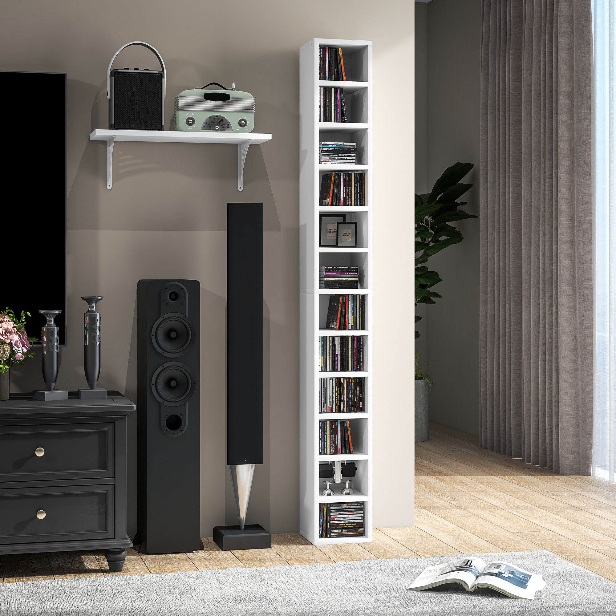 HOMCOM CD- und DVD-Aufbewahrung mit 12 Fächern, max. 204 CDs, 21 x 20 x 175 cm, Weiß