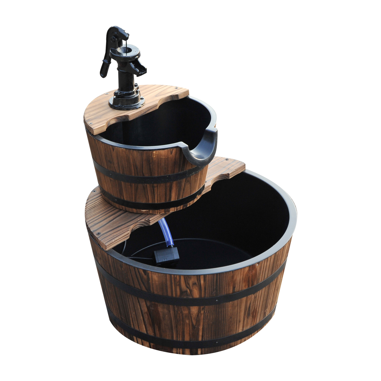 Outsunny Kaskadenbrunnen 2-stufig Gartenbrunnen Zierbrunnen Zimmerbrunnen Wasserspiel Wasserfall Wasserpumpe Tannenholz Dunkelbraun 44,5 x 44,5 x 58,5 cm