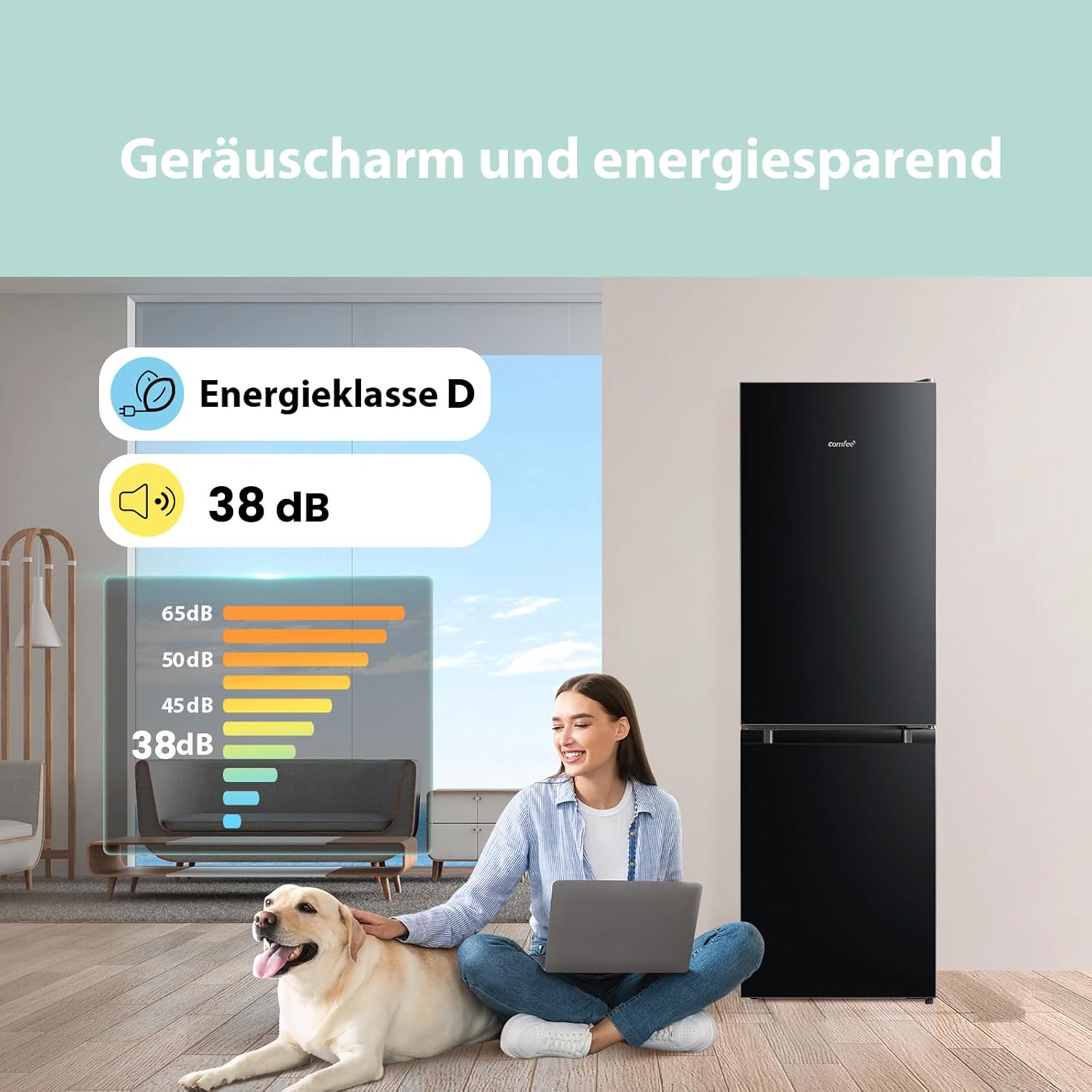 Comfee RCB169DK2(E) Fridge/Freezer Combination, 150 cm Height, Low Frost, Adjustable Fridge Temperature, LED Light, 195 kWh per Year, Fridge Capacity 115 L, 59 L Freezer, Black
