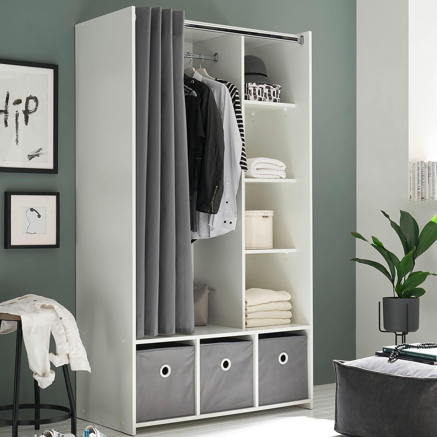 Stella Trading JENKE White Clothes Wardrobe with 3 Storage Boxes and Fabric Curtain, Versatile Multipurpose Wardrobe with Useful Interior Dividing, 100 x 180 x 50 cm (W x H x D)