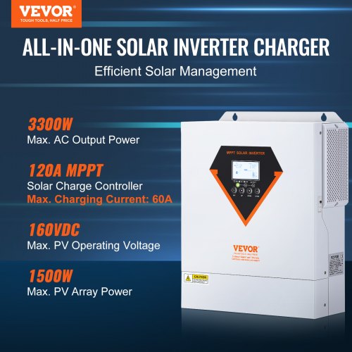VEVOR 2-in-1-Hybrid-Solar-Wechselrichter 3500W Solar Inverter 7000VA Reiner Sinus MPPT LCD-Display 3 Lademodi (Solarladung, Netzladung, Hybridladung) & 3 Ausgangsmodi (UTL, SOL, SBU)