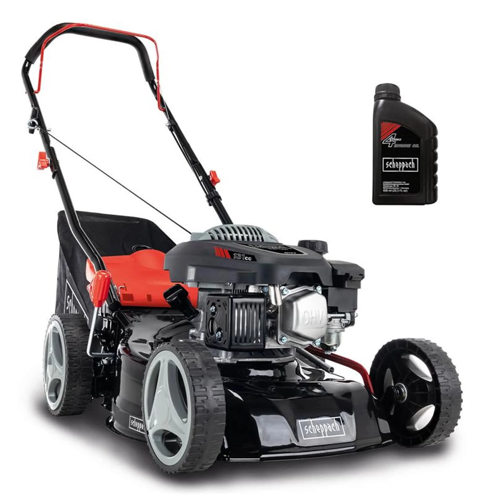 2025 Scheppach Grasmaaier RM420 | 3in1 - 3,4 PK | Snijbreedte 420 mm | 45L Grasopvangbak | Maaihoogte Verstelling 25-75 mm | Inclusief Motorolie & Reserve Mes