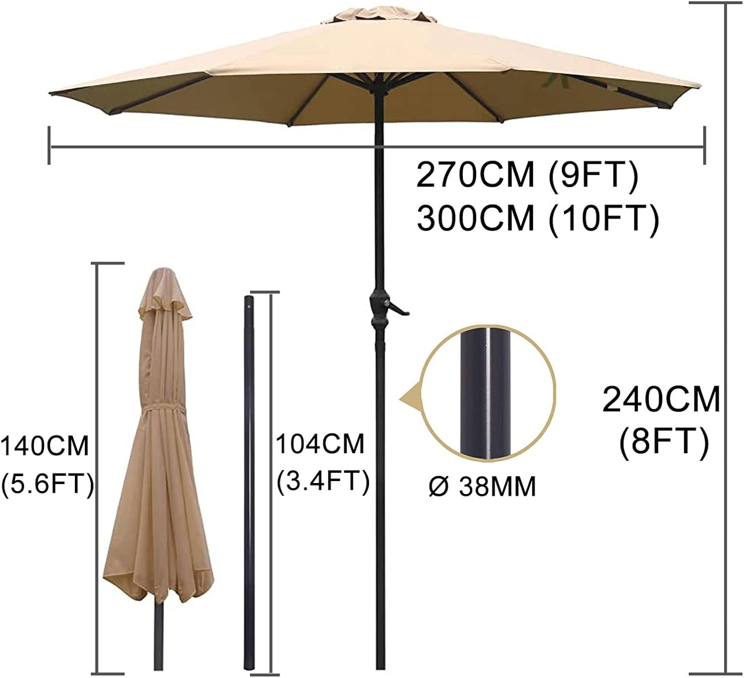 Garten Parasols Garten Parasol, Regenschirm 10 Fuß/9 Fuß Außentischmarkt mit Kurbel Sonnenschutz, Parasol Balcon, Regenschirm tragbar für Terrasse, Balkon, Garten, Kaffeebar Outdoor Parasole