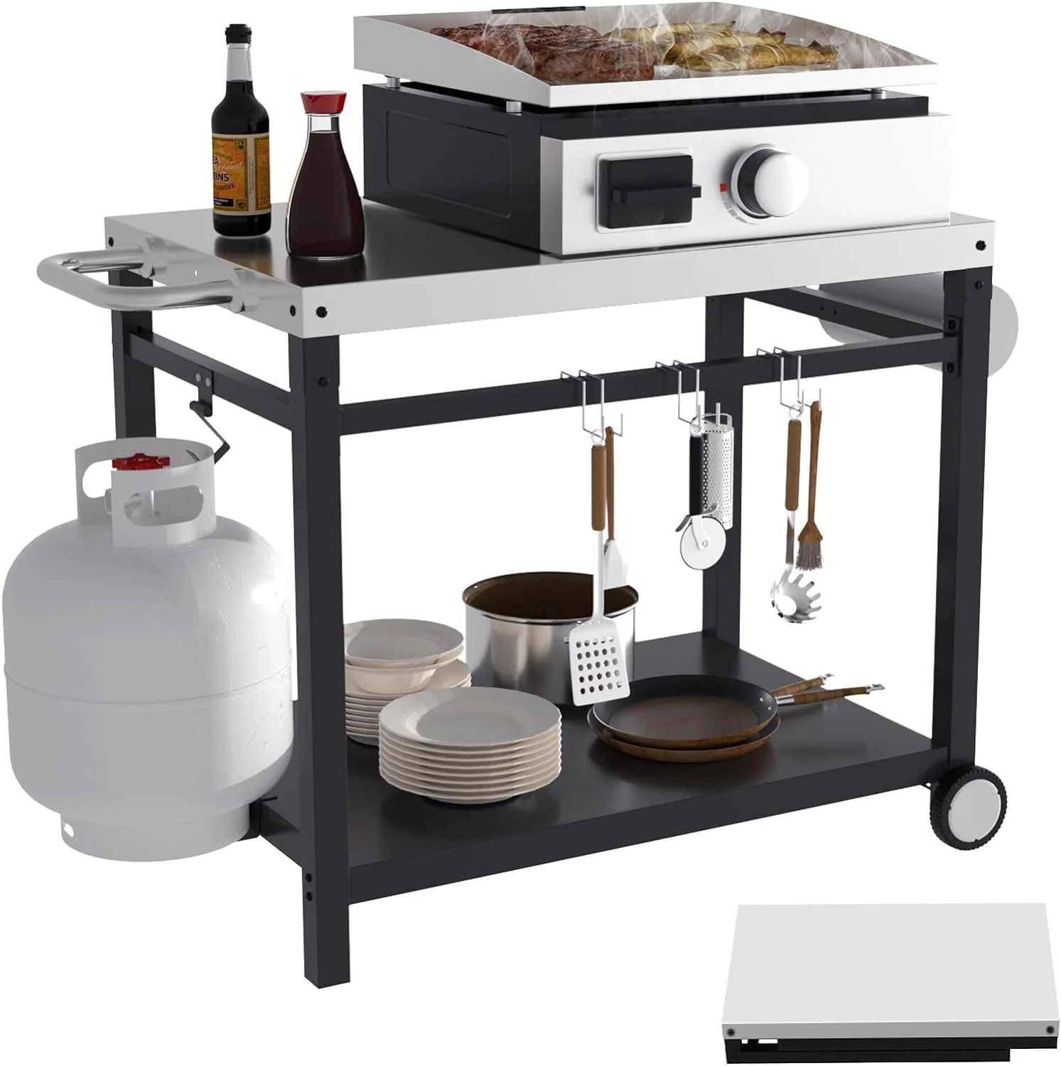 Large Foldable BBQ Grill Cart with Wheels   Stainless Steel Outdoor Dining Table