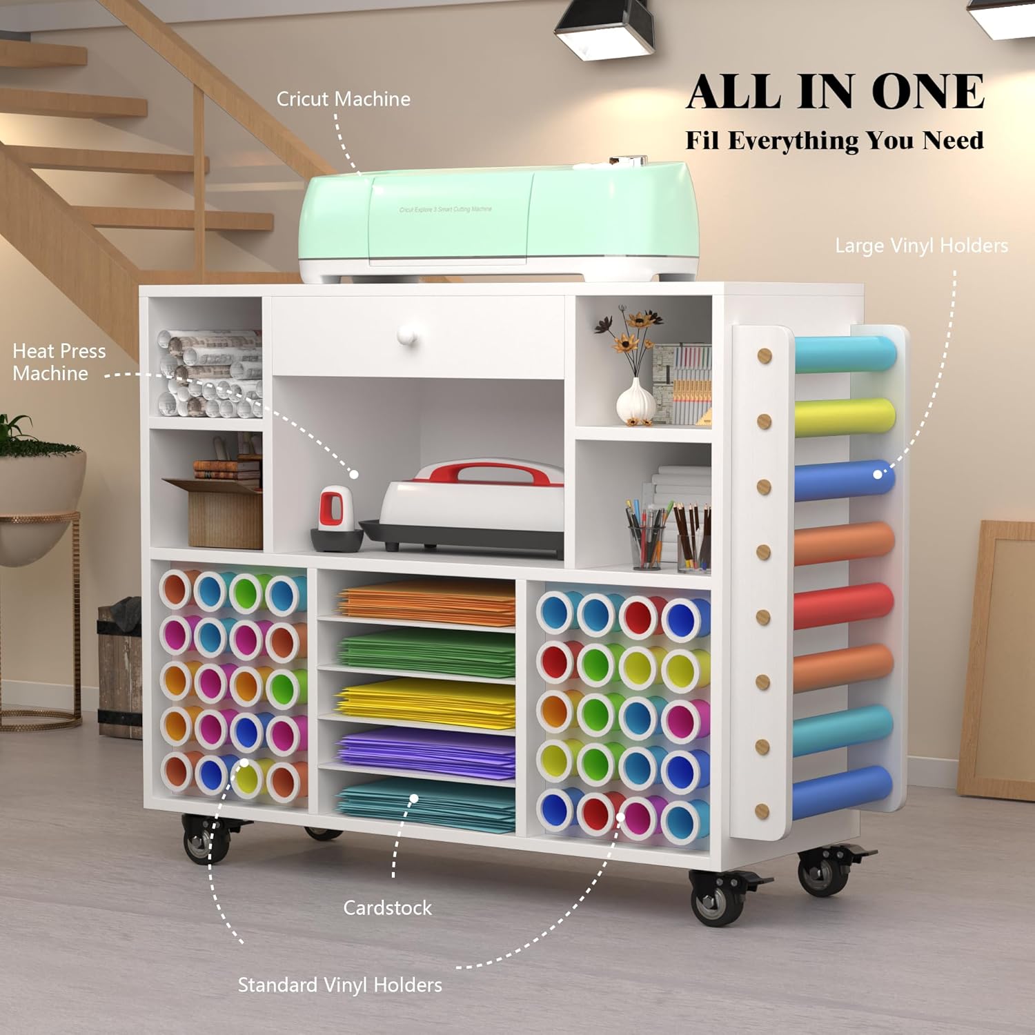Carrello per organizzare e conservare oggetti artigianali compatibile con la macchina Cricut, organizer per oggetti artigianali su ruote con ampio cassetto e porta rotoli in vinile da 48 pezzi, postazione di lavoro per la stanza dei lavori artigianal