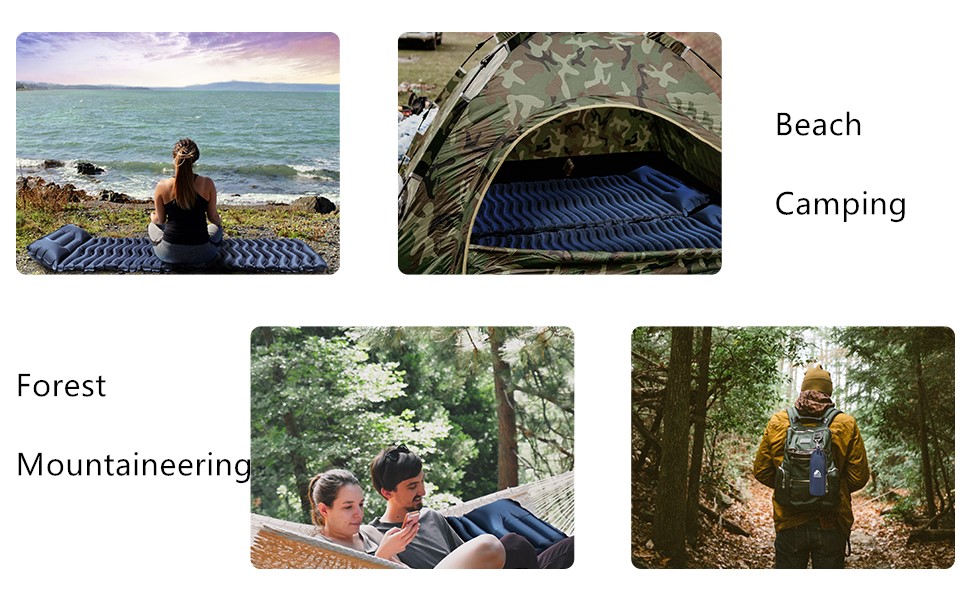 Collage di attività all'aperto: relax sulla spiaggia, campeggio con tenda, escursioni nella foresta e alpinismo. Mostra la versatilità di un prodotto