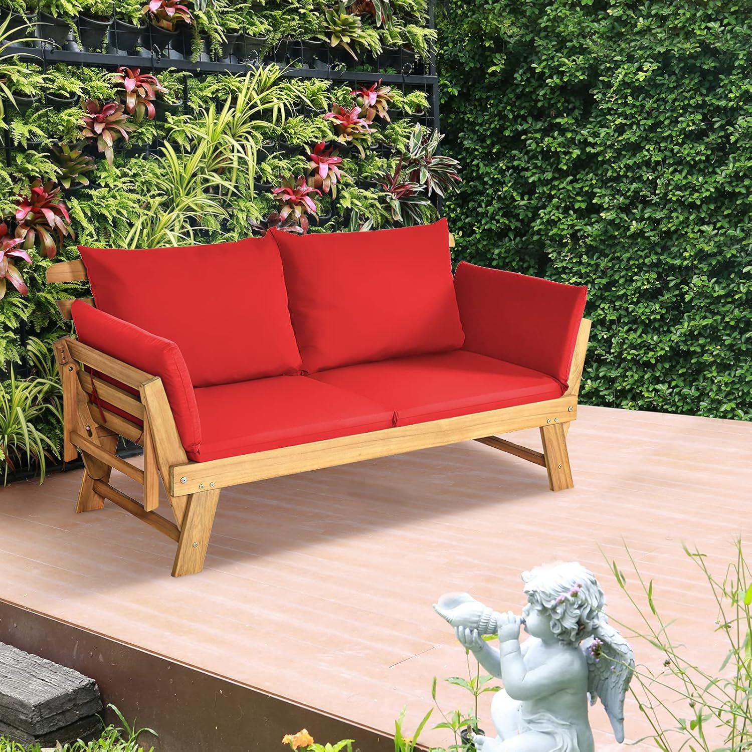 GYMAX 2 in 1 Outdoor Sofa 2 Seater Garden Sofa Bed with Cushion, Folding Wooden Garden Lounger with Adjustable Armrests, Garden Sofa Set, 157-198 x 75 x 75 cm (Red)